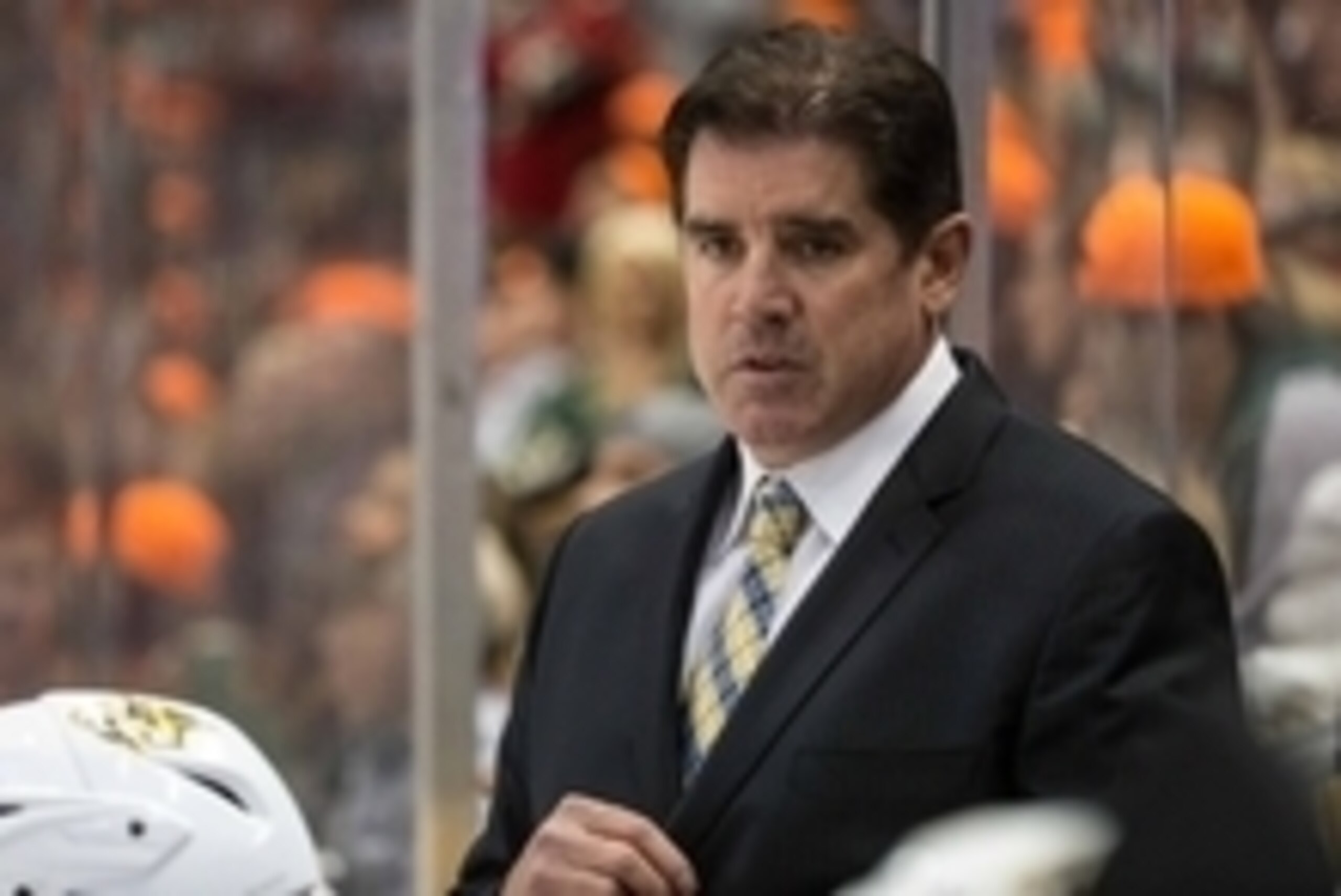 Nov 5, 2015; Saint Paul, MN, USA; Nashville Predators head coach Peter Laviolette against the Minnesota Wild at Xcel Energy Center. The Predators defeated the Predators 3-2. Mandatory Credit: Brace Hemmelgarn-USA TODAY Sports