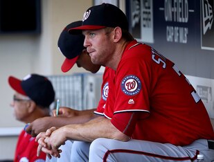 MILWAUKEE, WI - JUNE 26:  Stephen Strasburg #37 of the Washington Nationals sits in the dugout during the game against the Milwaukee Brewers at Miller Park on June 26, 2016 in Milwaukee, Wisconsin. (Photo by Dylan Buell/Getty Images)