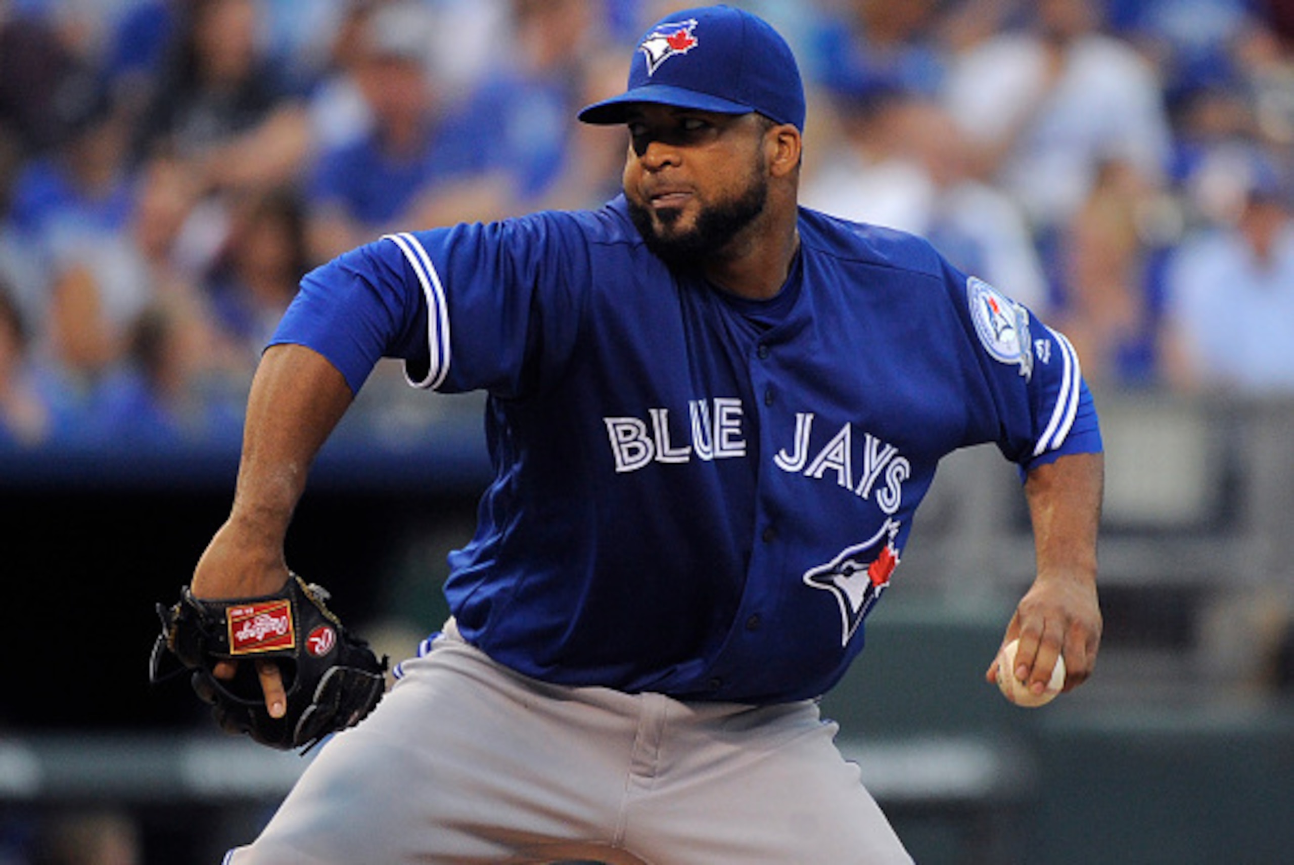KANSAS CITY, MO - AUGUST 5: Francisco Liriano #45 of the Toronto Blue Jays throws against the Kansas City Royals in the first inning at Kauffman Stadium on August 5, 2016 in Kansas City, Missouri. (Photo by Ed Zurga/Getty Images)