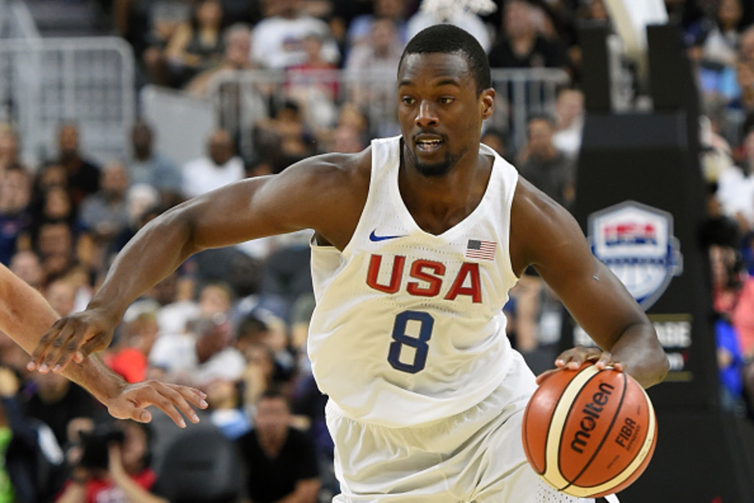 LAS VEGAS, NV - JULY 22:  Harrison Barnes #8 of the United States drives against Argentina during a USA Basketball showcase exhibition game at T-Mobile Arena on July 22, 2016 in Las Vegas, Nevada. The United States won 111-74.  (Photo by Ethan Miller/Gett