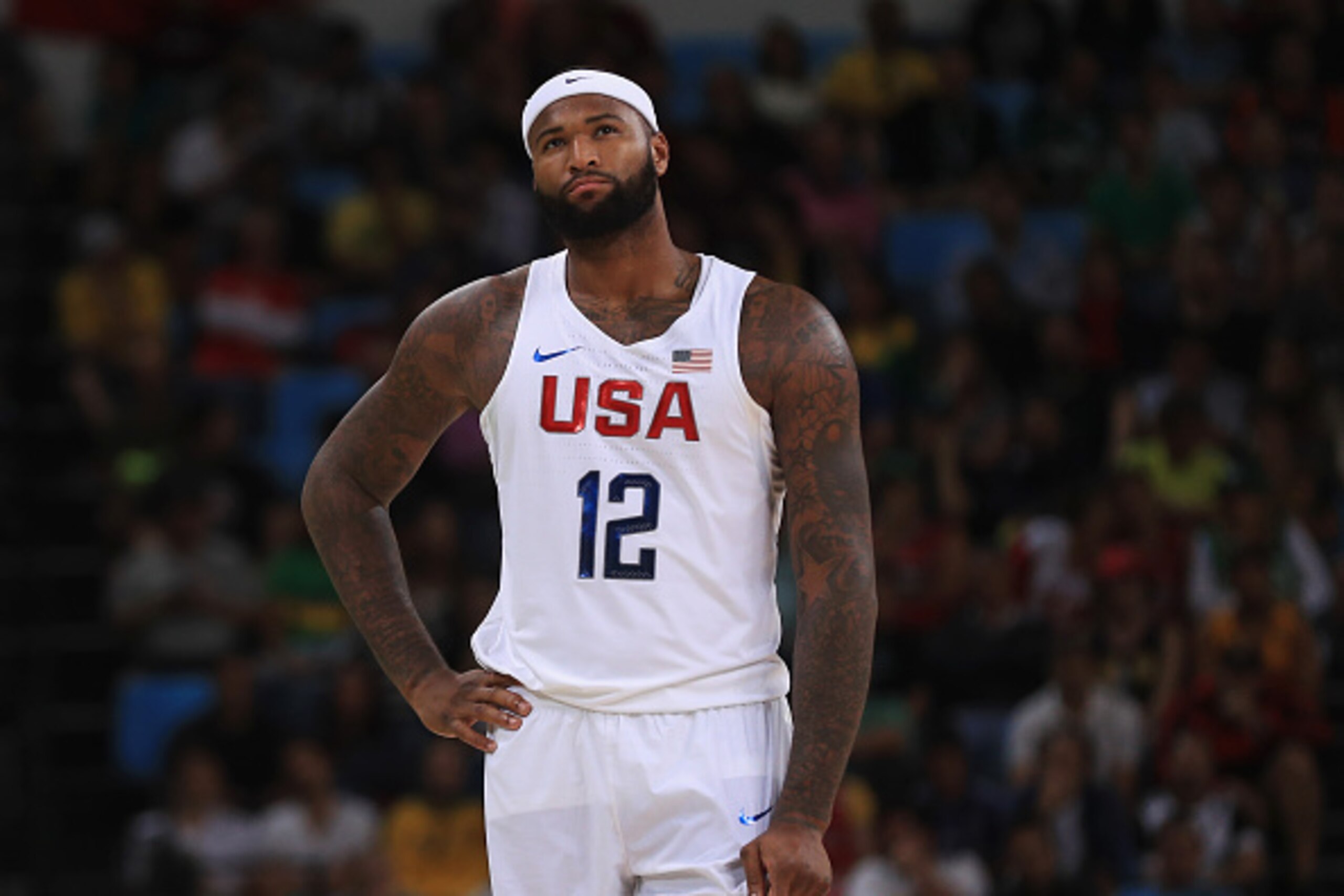 RIO DE JANEIRO, BRAZIL - AUGUST 08: Demarcus Cousins #12 of United States looks on during the Men's Priliminary Round between the United States and Venezuela on Day 3 of the Rio 2016 Olympic Games at Carioca Arena 1 on August 8, 2016 in Rio de Janeiro, Br