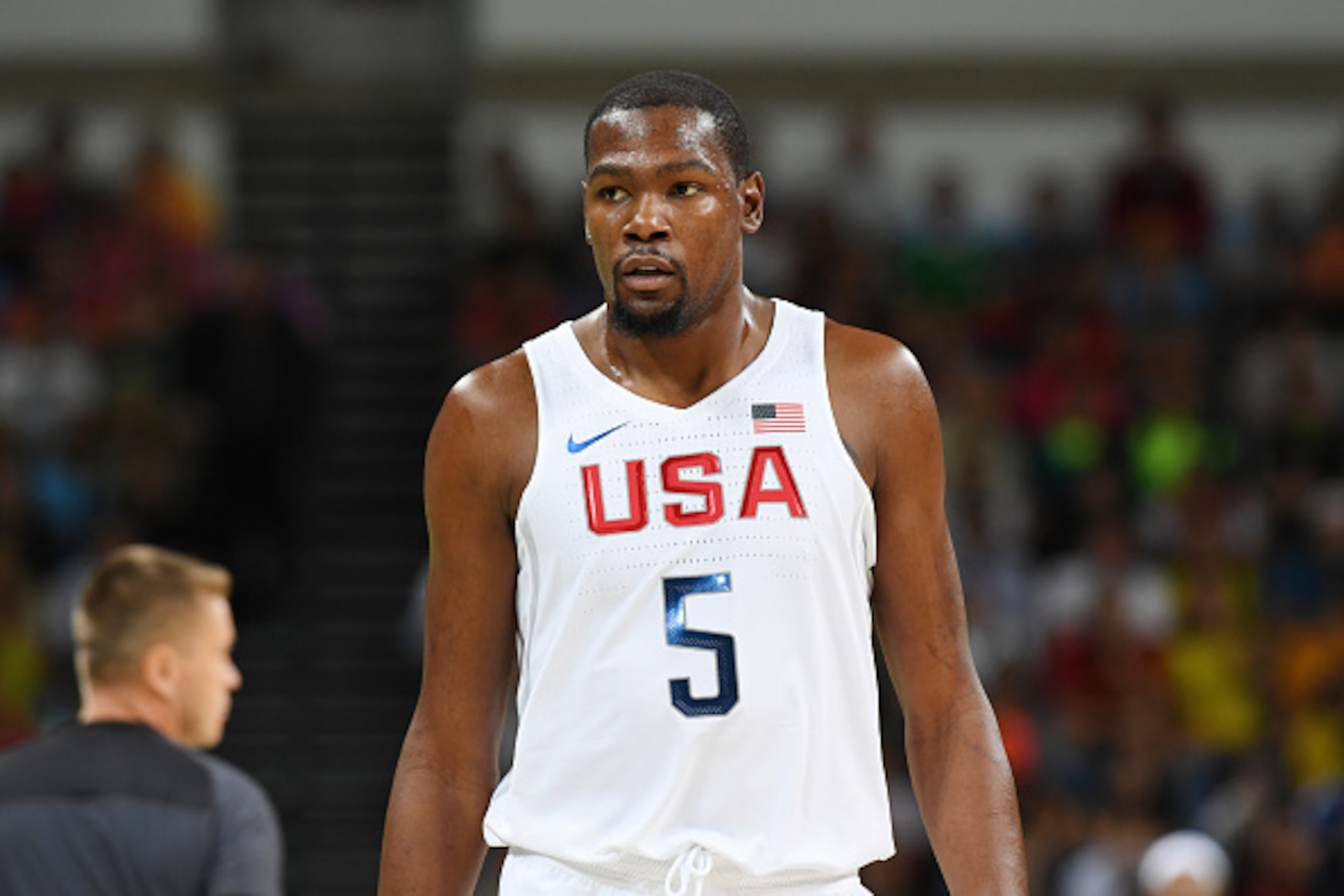 RIO DE JANEIRO, BRAZIL - AUGUST 8:  Kevin Durant #5 of the USA Basketball Men's National Team stands on the court during the game against Venezuela on Day 3 of the Rio 2016 Olympic Games at Carioca Arena 1 on August 8, 2016 in Rio de Janeiro, Brazil. NOTE