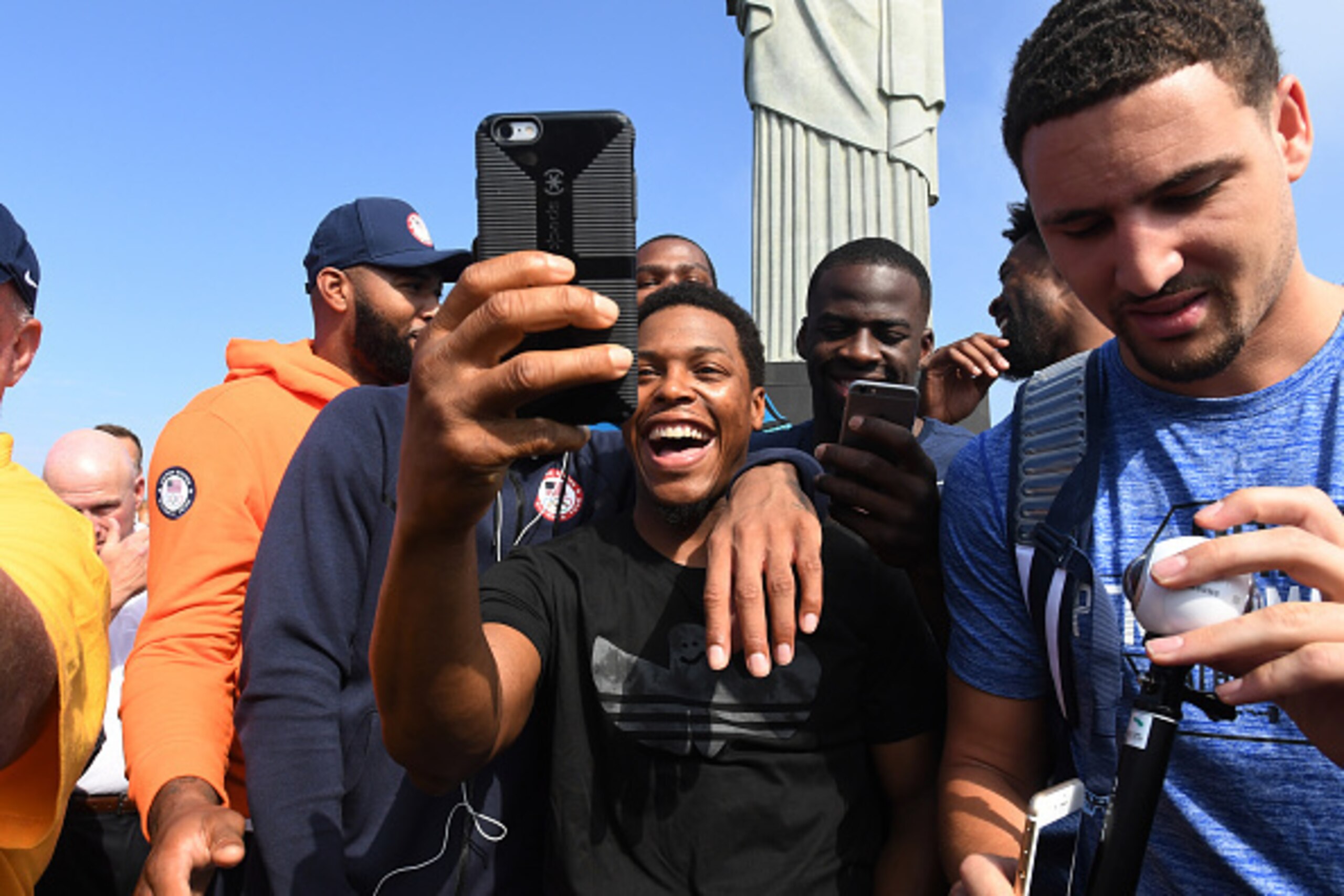 RIO DE JANEIRO, BRAZIL - AUGUST 9:   Kyle Lowry #7 and Klay Thompson #11 of the USA Basketball Men's National Team take pictures during a visit to Christ the Redeemer on August 9, 2016 in Rio de Janerio, Brazil. NOTE TO USER: User expressly acknowledges a