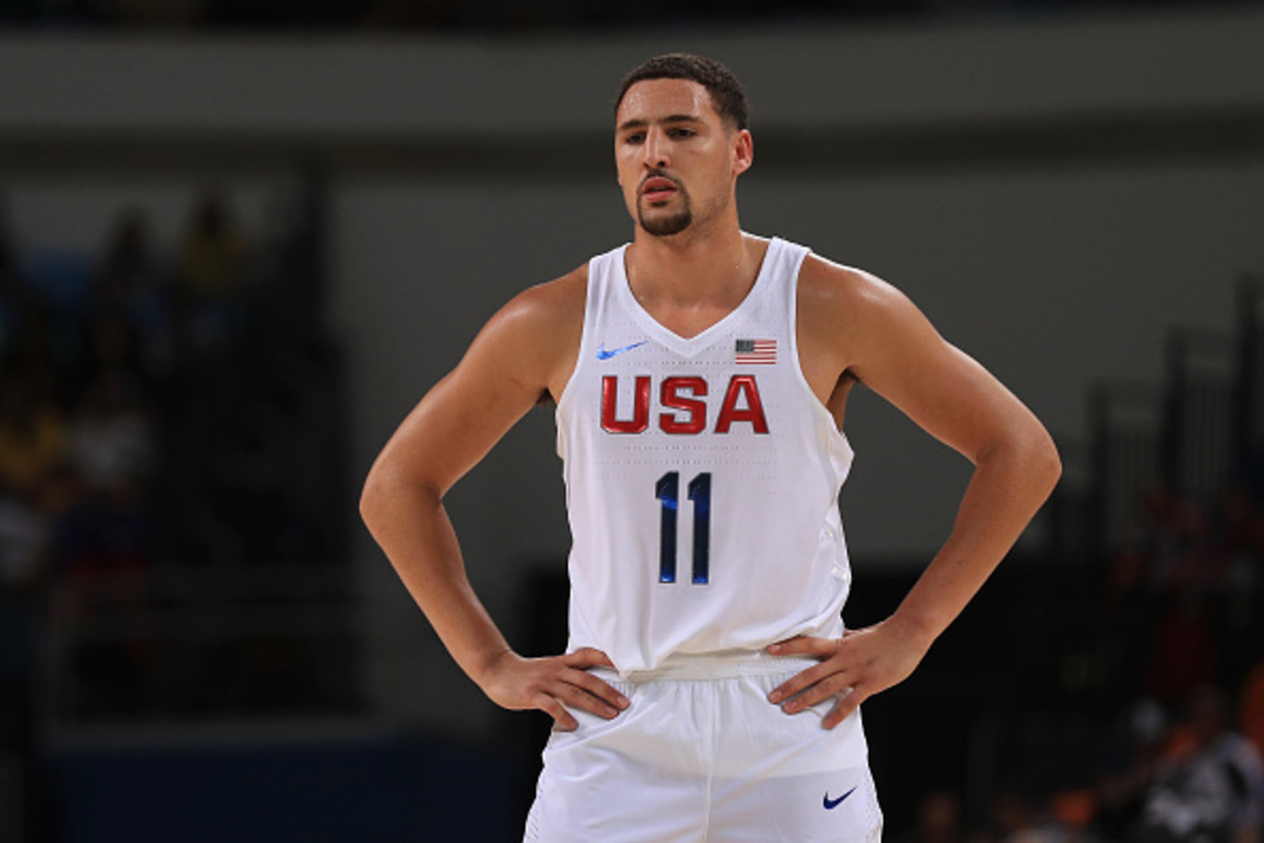 RIO DE JANEIRO, BRAZIL - AUGUST 08: Klay Thompson #11 of United States stands on the court during the Men's Priliminary Round between the United States and Venezuela on Day 3 of the Rio 2016 Olympic Games at Carioca Arena 1 on August 8, 2016 in Rio de Jan