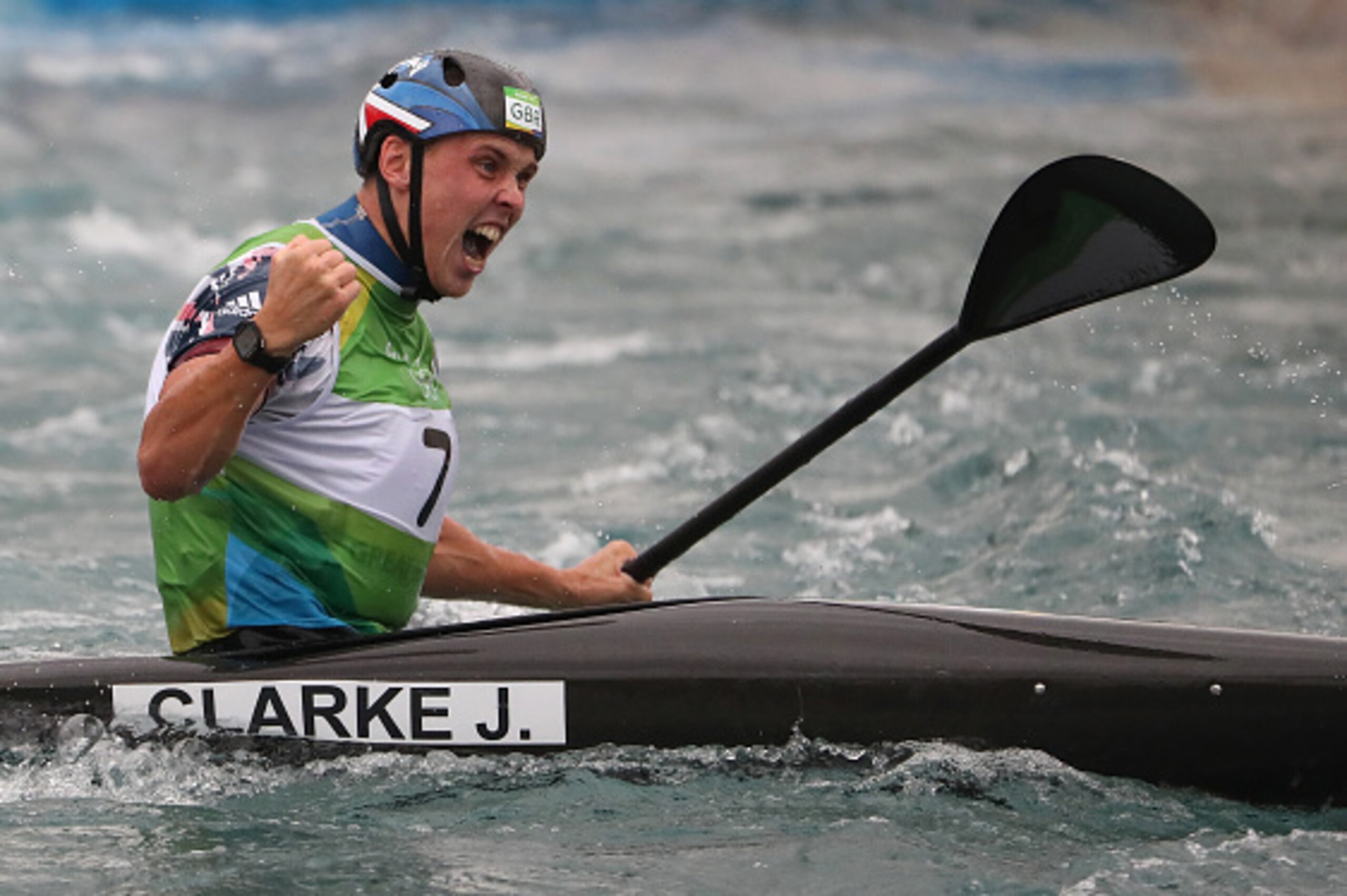 RIO DE JANEIRO, BRAZIL - AUGUST 10:  Joseph Clarke of Great Britain celebrates after winning gold in the Kayak (K1) Men's Final on Day 5 of the Rio 2016 Olympic Games at Whitewater Stadium on August 10, 2016 in Rio de Janeiro, Brazil.  (Photo by Christian