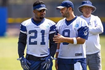 Cowboys RB Ezekiel Elliott (left) and QB Tony Romo
