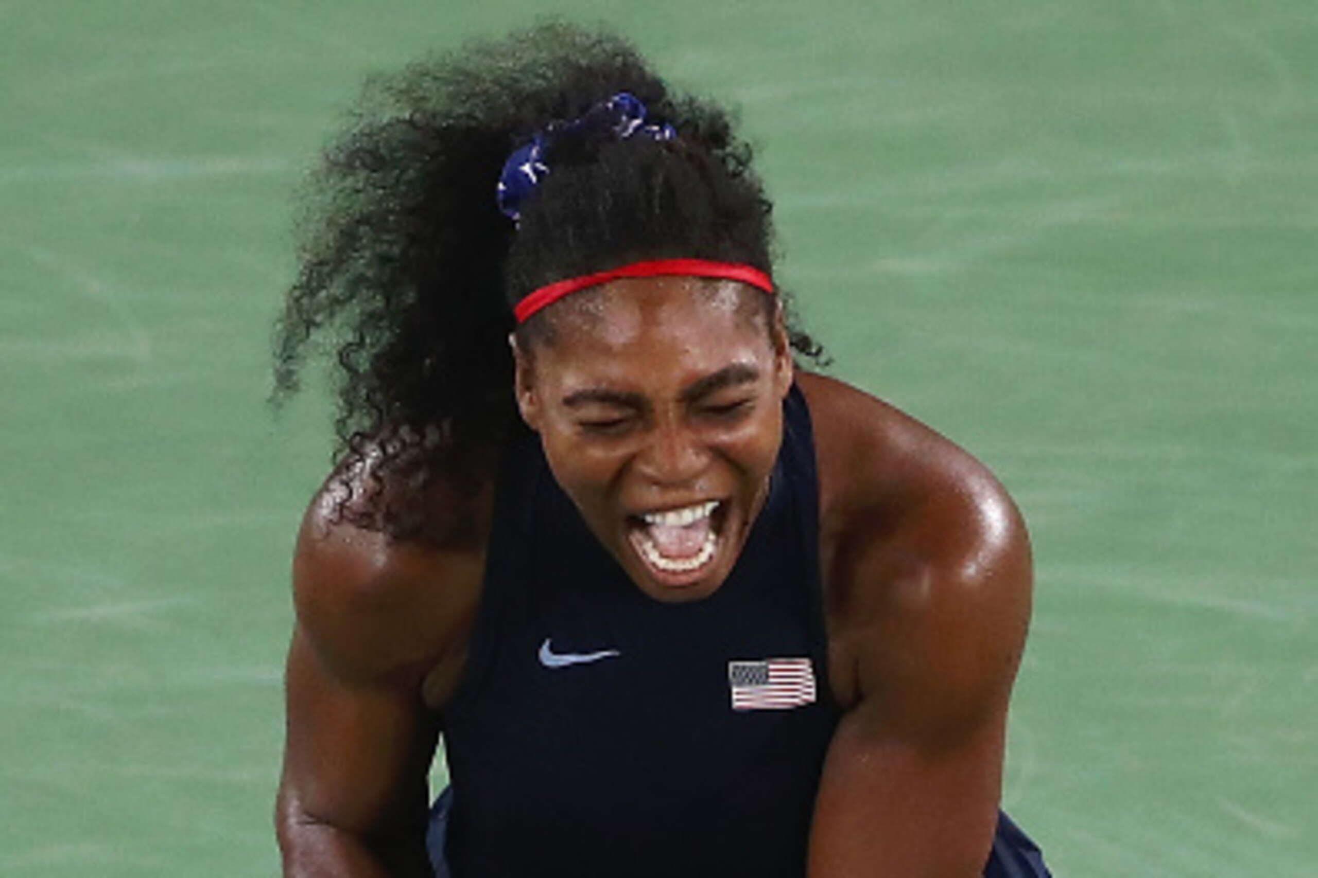 RIO DE JANEIRO, BRAZIL - AUGUST 09:  Serena Williams of the United States reacts during a Women's Singles Third Round match against Elina Svitolina of Ukraine on Day 4 of the Rio 2016 Olympic Games at the Olympic Tennis Centre on August 9, 2016 in Rio de 