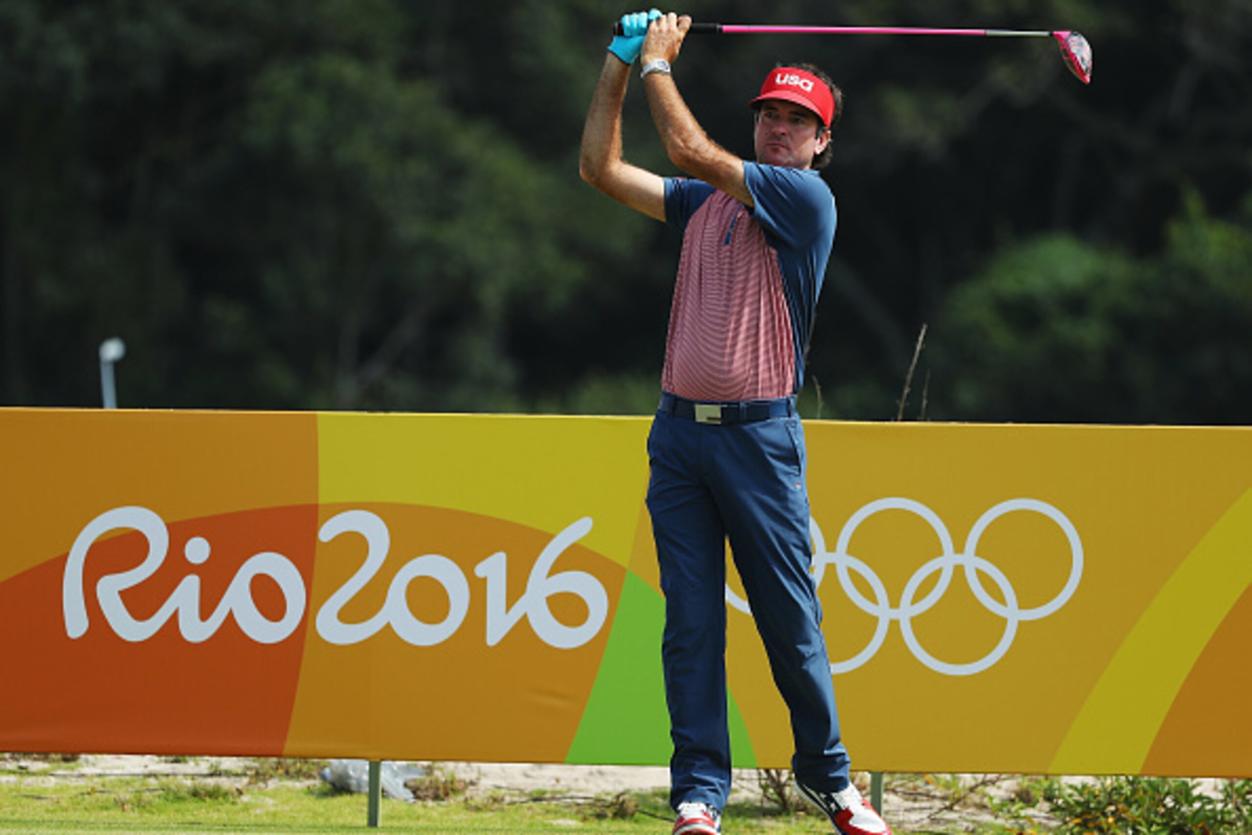 RIO DE JANEIRO, BRAZIL - AUGUST 09:  Bubba Watson of the United States watches a tee shot  during a practice round on Day 4 of the Rio 2016 Olympic Games at Olympic Golf Course on August 9, 2016 in Rio de Janeiro, Brazil.  (Photo by Scott Halleran/Getty I