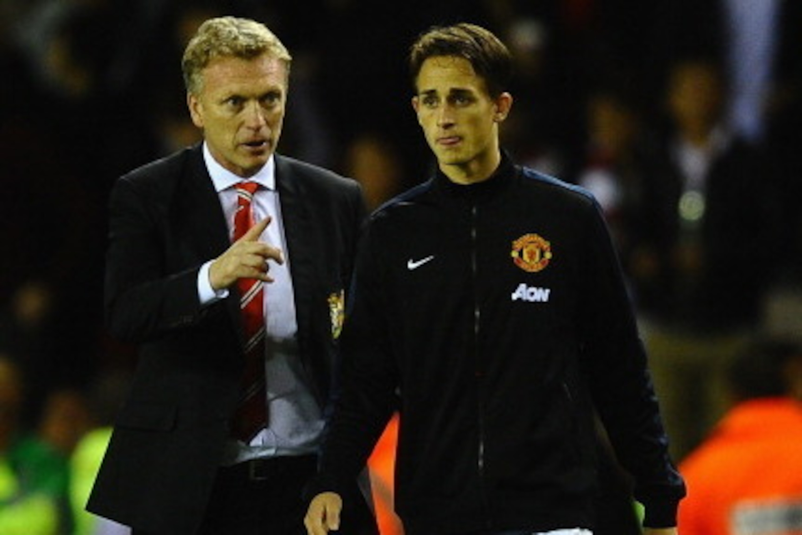 SUNDERLAND, ENGLAND - OCTOBER 05:  David Moyes of Manchester United talks with Adnan Januzaj after victory in the Barclays Premier League match between Sunderland and Manchester United at Stadium of Light on October 5, 2013 in Sunderland, England.  (Photo