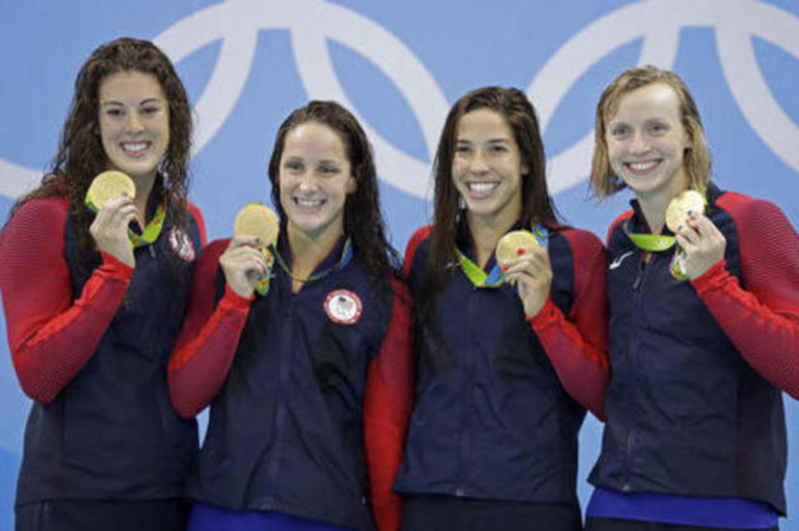 It took some heroics from Katie Ledecky (far right) for the United States to win gold in the women's 4x200-meter freestyle relay.