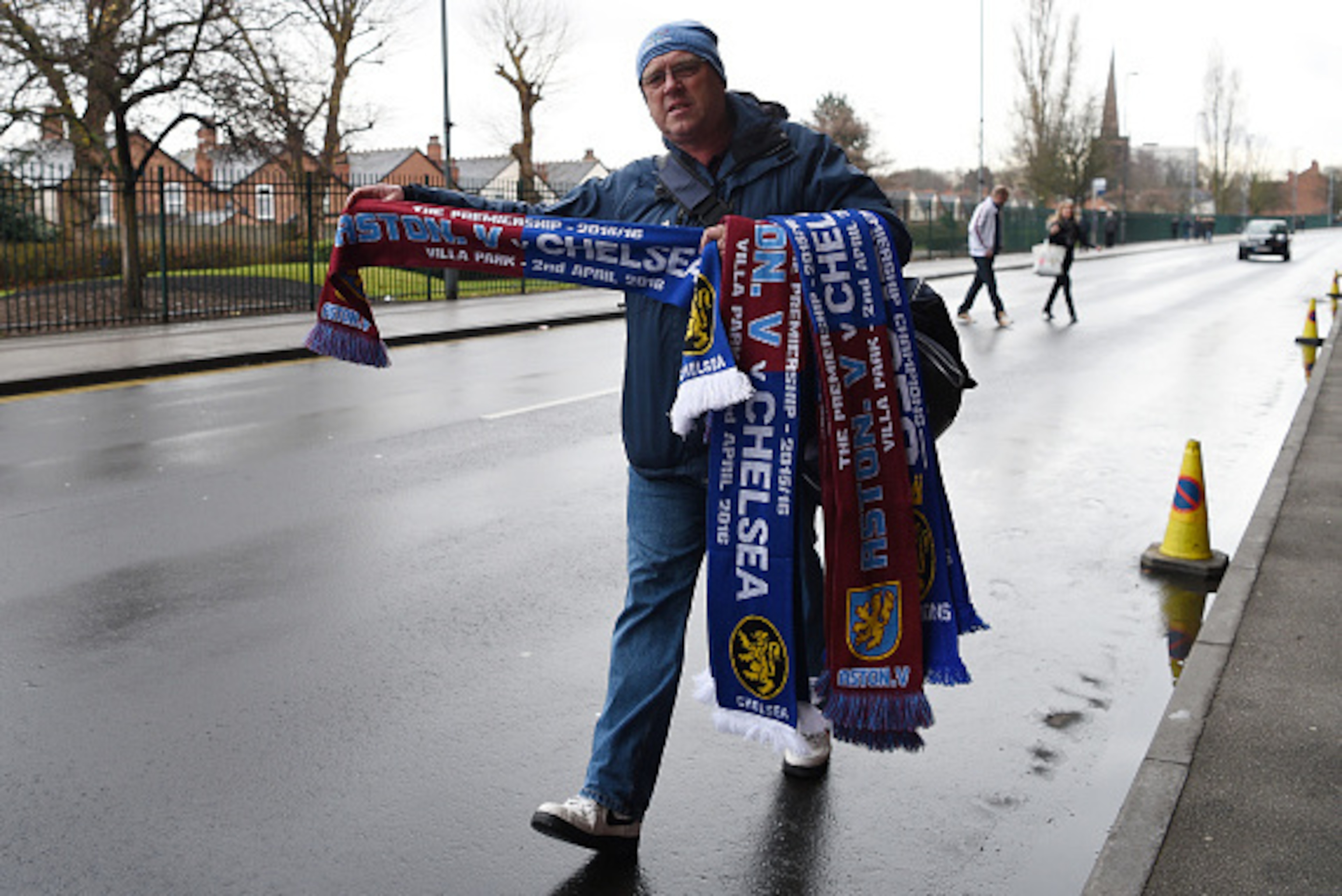 BIRMINGHAM, ENGLAND - APRIL 02: Matchday scarves are on sale prior to the Barclays Premier League match between Aston Villa and Chelsea at Villa Park on April 2, 2016 in Birmingham, England.  (Photo by Ross Kinnaird/Getty Images)