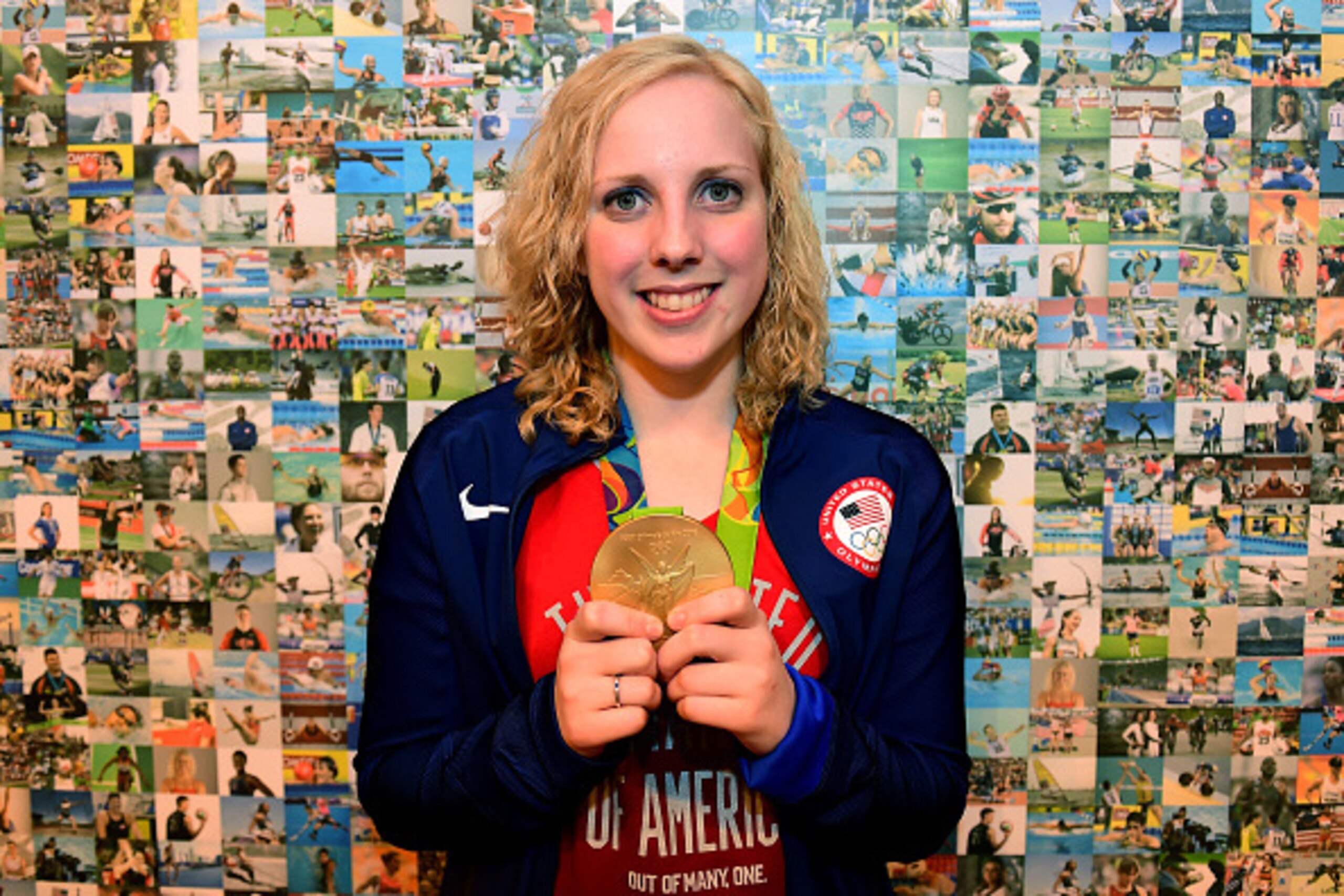 RIO DE JANEIRO, BRAZIL - AUGUST 08:  Shooter Ginny Thrasher of the United States poses with her gold medal at the USA House on August 3, 2016 in Rio de Janeiro, Brazil.  (Photo by Harry How/Getty Images)