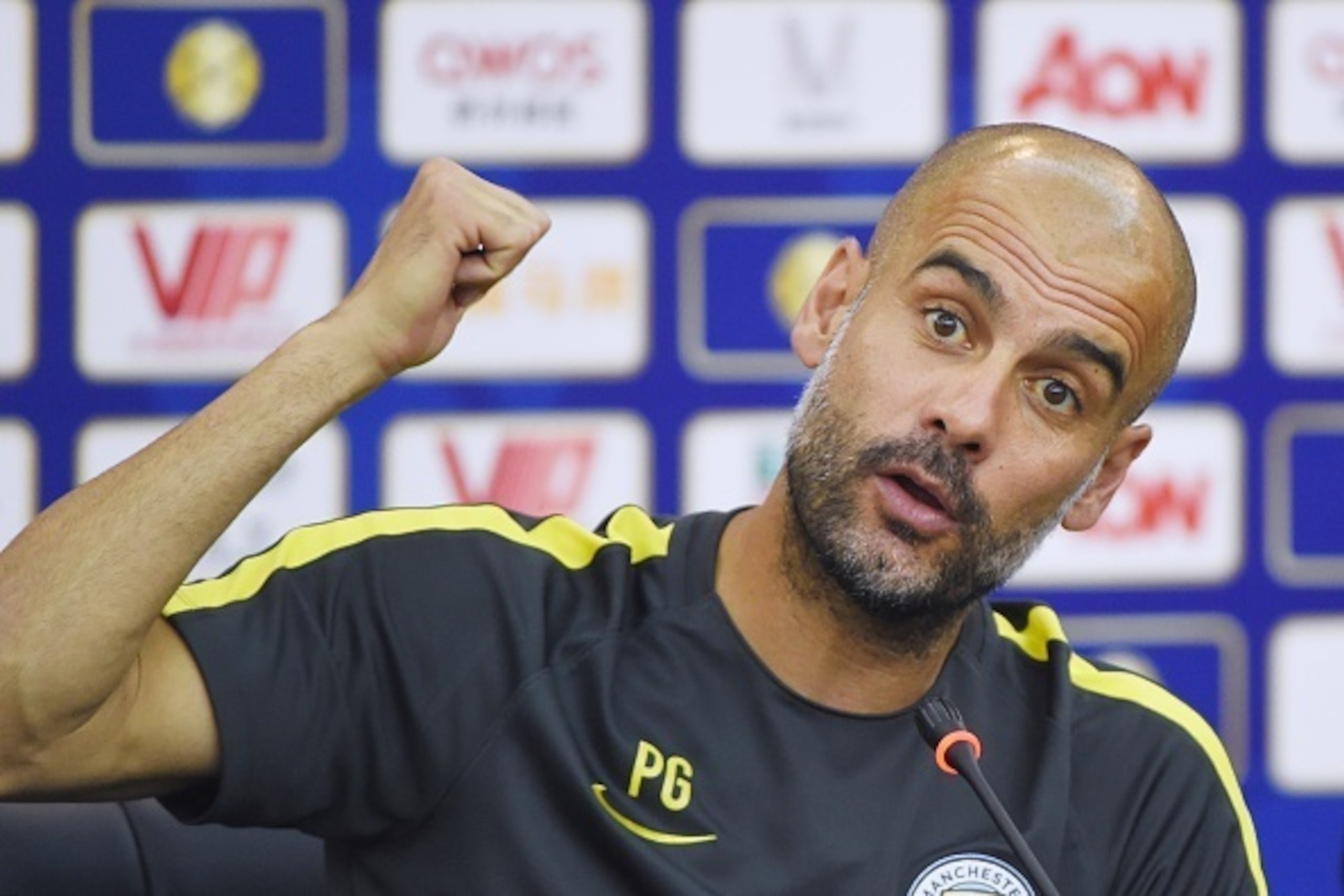 Manchester City's head coach Pep Guardiola attends a press conference in Shenzhen, south China's Guangdong province on July 27, 2016, ahead of the International Champions Cup football match between Manchester City and Borussia Dortmund. / AFP / WANG ZHAO Manchester City's head coach Pep Guardiola attends a press conference in Shenzhen, south China's Guangdong province on July 27, 2016, ahead of the International Champions Cup football match between Manchester City and Borussia Dortmund. / AFP / WANG ZHAO