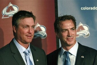 Roy and Avalanche GM Joe Sakic in happier times.
