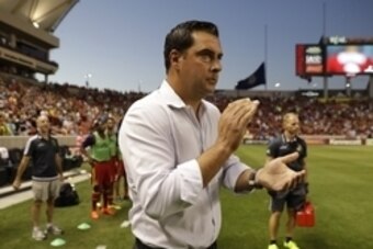 Jul 22, 2016; Sandy, UT, USA; Real Salt Lake head coach Jeff Cassar gets his team pumped prior to their game against the San Jose Earthquakes at Rio Tinto Stadium. Mandatory Credit: Jeff Swinger-USA TODAY Sports