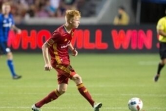 Jul 9, 2016; Sandy, UT, USA; Real Salt Lake defender Justen Glad (15) passes the ball during the first half against the Montreal Impact at Rio Tinto Stadium. The match ended in a 1-1 draw. Mandatory Credit: Russ Isabella-USA TODAY Sports