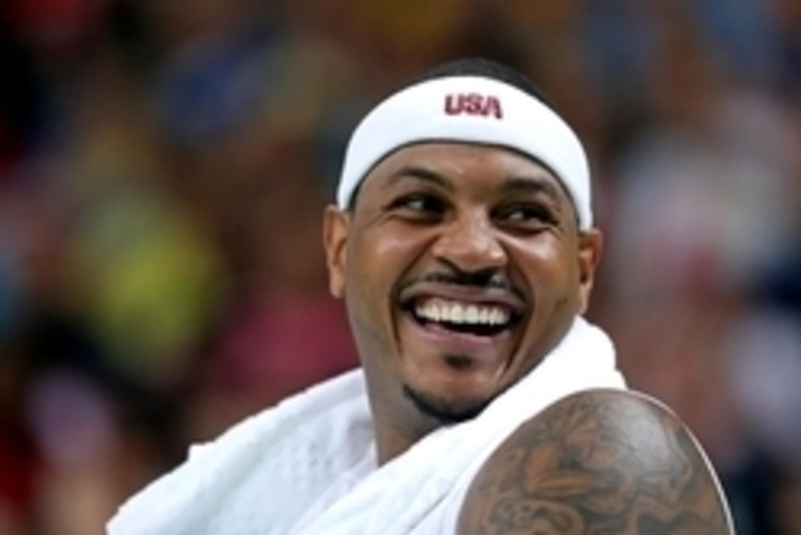 Aug 8, 2016; Rio de Janeiro, Brazil; United States forward Carmelo Anthony (15) reacts on the bench against Venezuela during the men's basketball preliminary round in the Rio 2016 Summer Olympic Games at Carioca Arena 1. Mandatory Credit: Jeff Swinger-USA