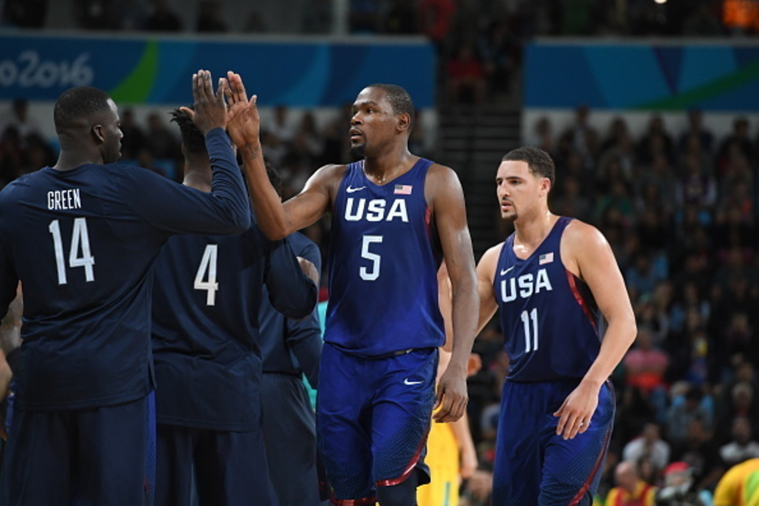 RIO DE JANEIRO, BRAZIL - AUGUST 10:  Kevin Durant #5 of the USA Basketball Men's National Team high fives Draymond Green #14 of the USA Basketball Men's National Team against Australia on Day 5 of the Rio 2016 Olympic Games on August 10, 2016 at Barra Car