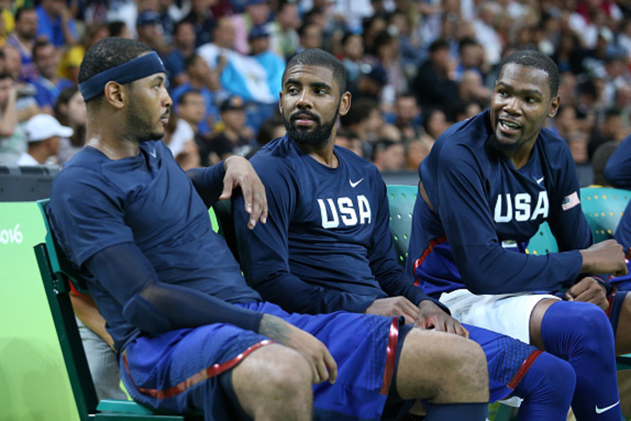 RIO DE JANEIRO, BRAZIL - AUGUST 6: Carmelo Anthony, Kyrie Irving and Kevin Durant of USA during the group phase basketball match between USA and China on day 1 of the Rio 2016 Olympic Games at Carioca Arena 1 on August 6, 2016 in Rio de Janeiro, Brazil. (