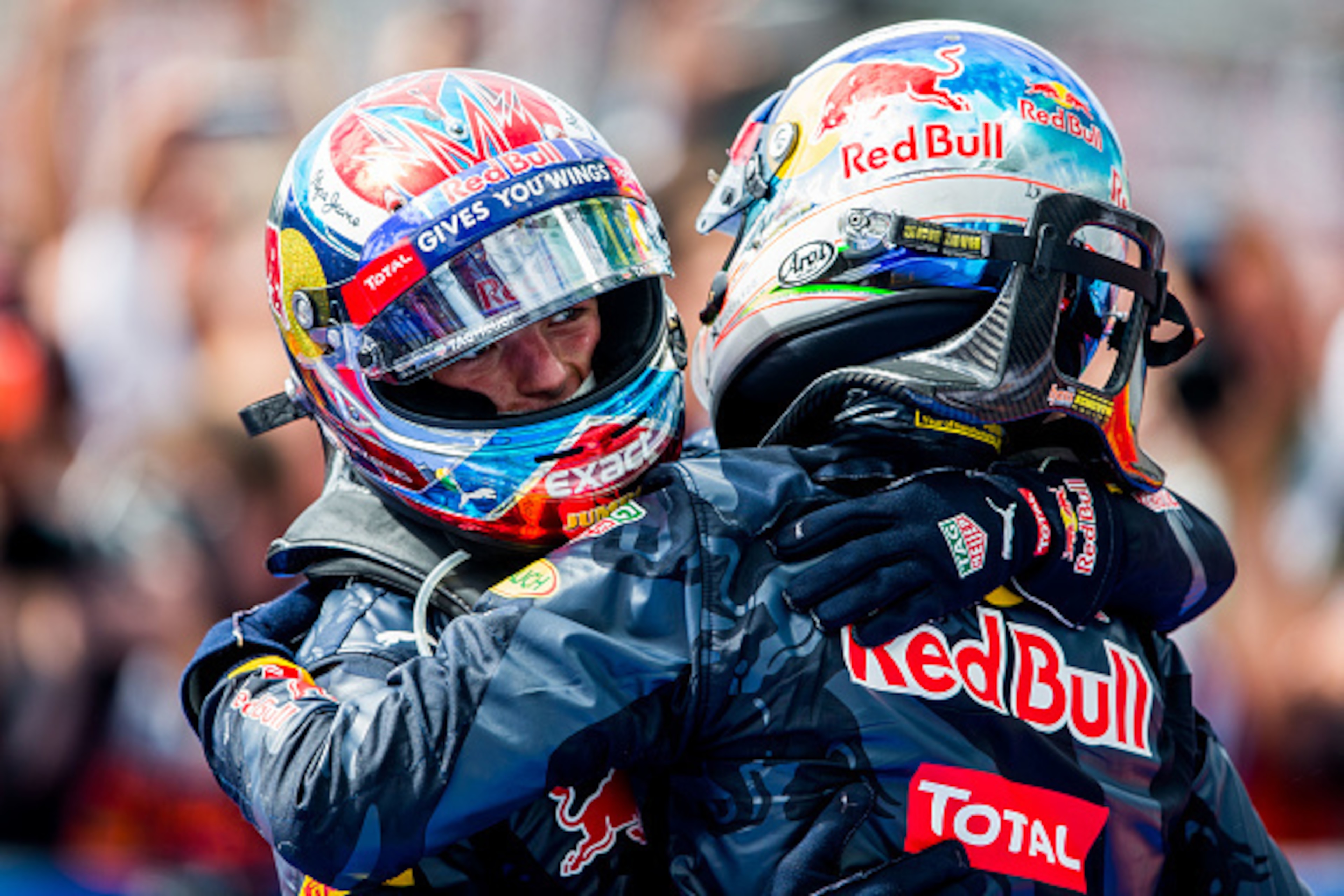 HOCKENHEIM, GERMANY - JULY 31:  Daniel Ricciardo of Australia and Max Verstappen of The Netherlands both of Red Bull Racing during the Formula One Grand Prix of Germany at Hockenheimring on July 31, 2016 in Hockenheim, Germany.  (Photo by Peter Fox/Getty 