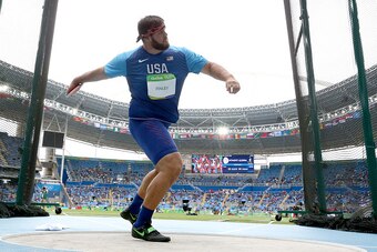 RIO DE JANEIRO, BRAZIL - AUGUST 12:  Mason Finley of the United States  competes in the Men's Discus qualification on Day 7 of the Rio 2016 Olympic Games at the Olympic Stadium on August 12, 2016 in Rio de Janeiro, Brazil.  (Photo by Ian Walton/Getty Imag