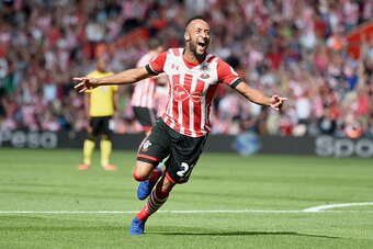 SOUTHAMPTON, ENGLAND - AUGUST 13: Nathan Redmond of Southampton celebrates scoring his sides first goal during the Premier League match between Southampton and Watford at St Mary's Stadium on August 13, 2016 in Southampton, England.  (Photo by Tom Dulat/G