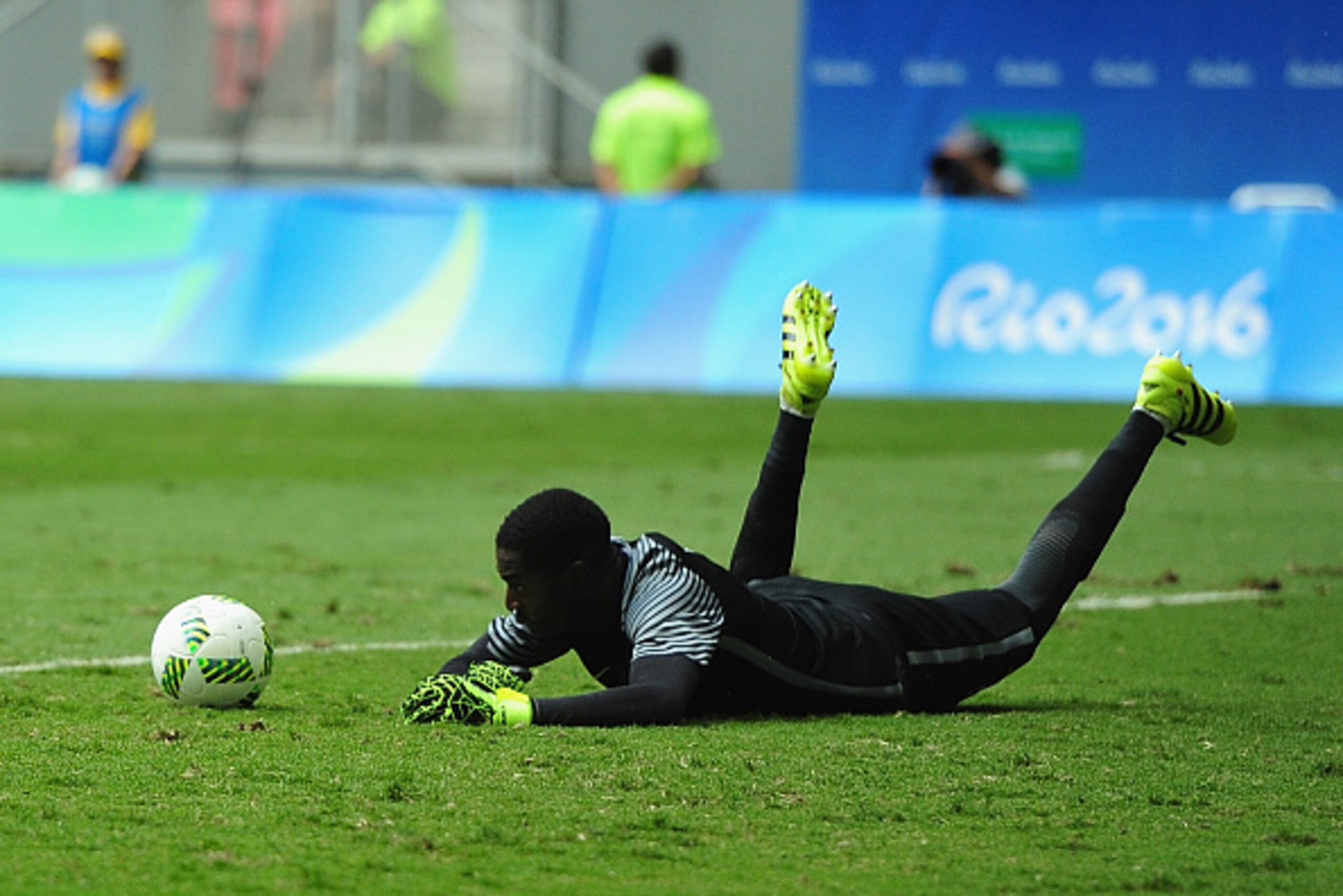 BRASILIA, DISTRITO FEDERAL - AUGUST 13:  Goalkeeper Varela Bruno #1 of Portugal defends the net against Germany during the Men's Football Quarterfinal match on Day 8 of the Rio 2016 Olympic Games at Mane Garrincha Stadium on August 13, 2016 in Brasilia, B