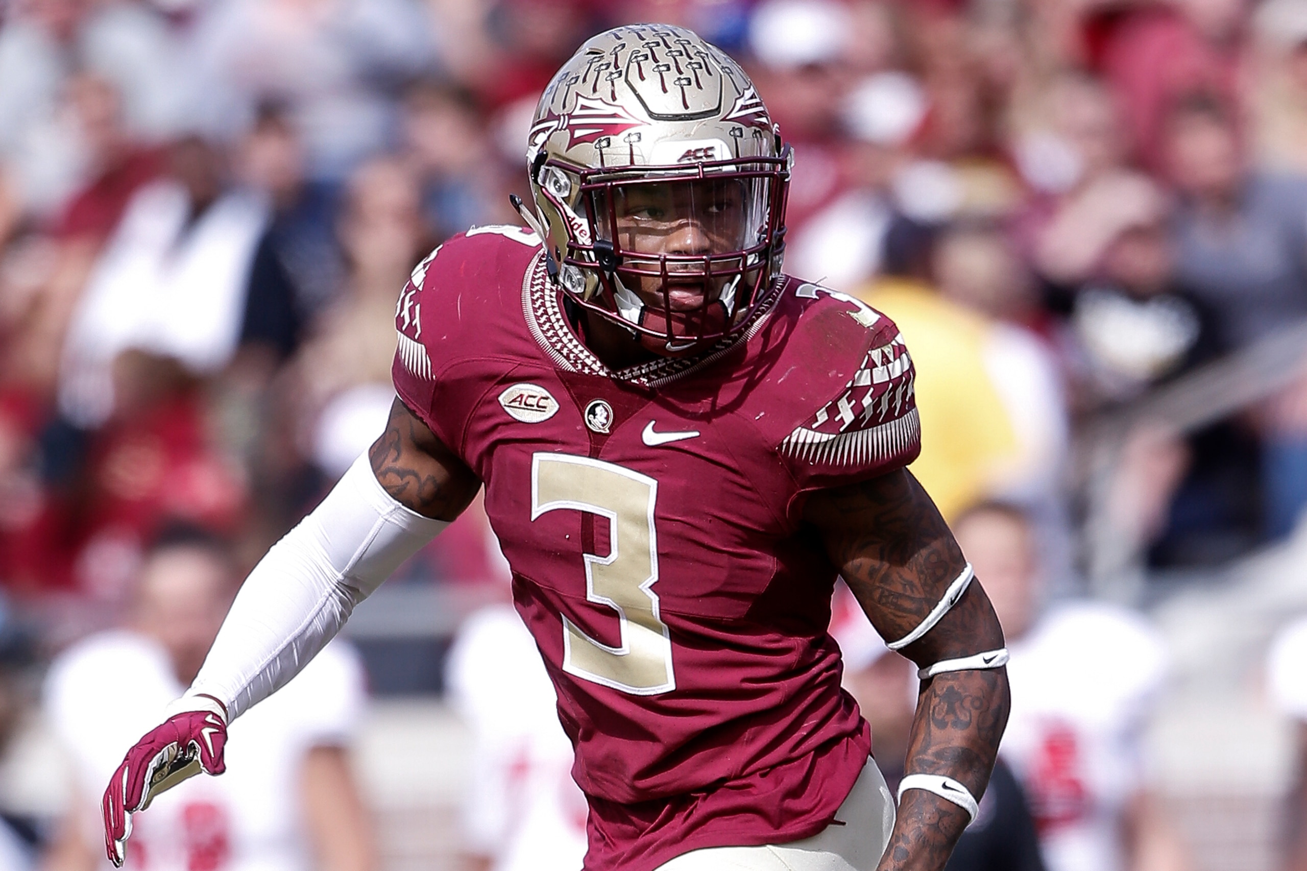 TALLAHASSEE, FL - NOVEMBER 14: Cornerback Derwin James #3 of the Florida State Seminoles during the game against the North Carolina State Wolfpack at Doak Campbell Stadium on Bobby Bowden Field on November 14, 2015 in Tallahassee, Florida. Florida State d