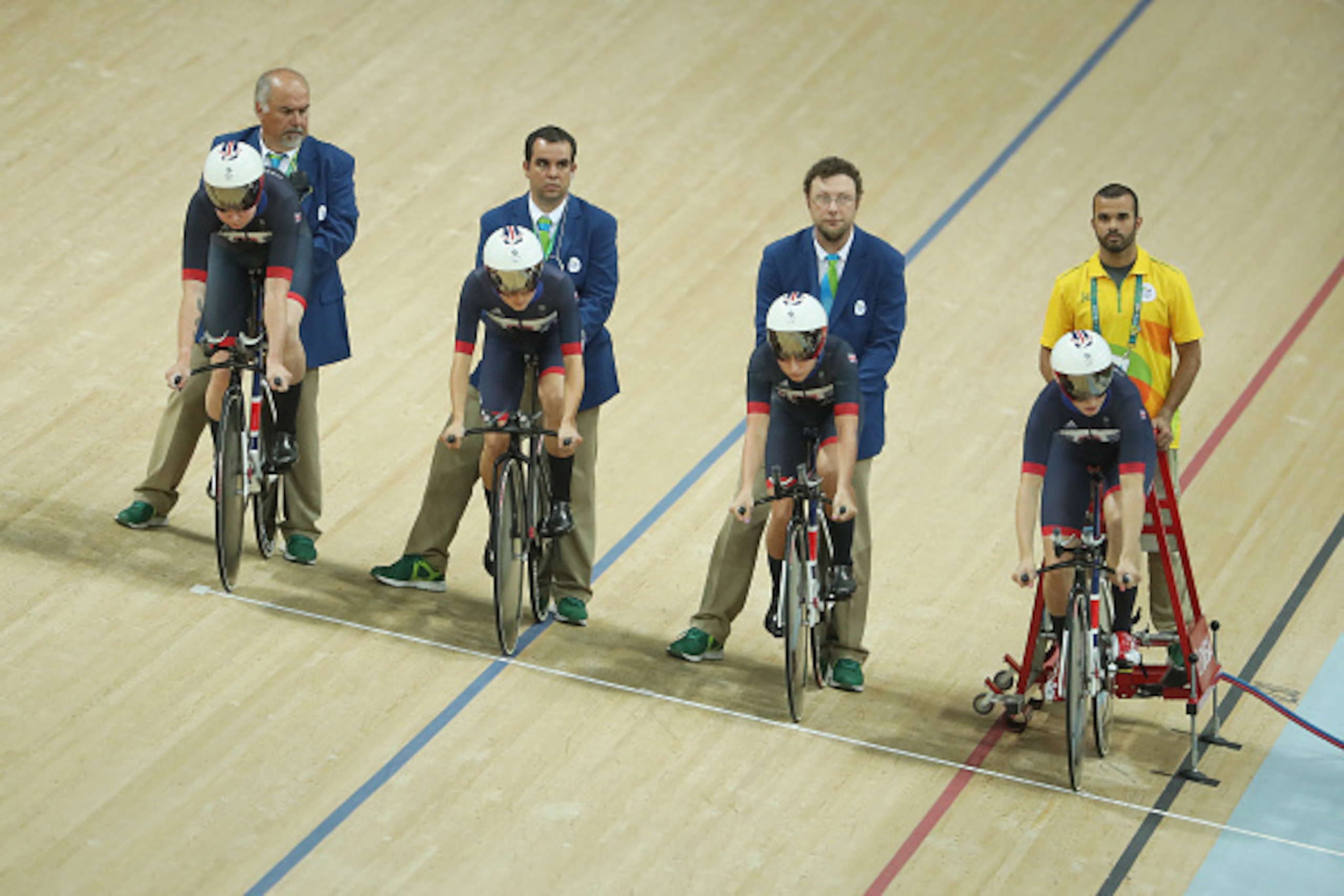 RIO DE JANEIRO, BRAZIL - AUGUST 13:  Katie Archibald, Laura Trott, Elinor Barker, Joanna Rowsell-Shand of Great Britain prepare to compete in the Women's Team Pursuit Final for the Gold medal on Day 8 of the Rio 2016 Olympic Games at the Rio Olympic Velod