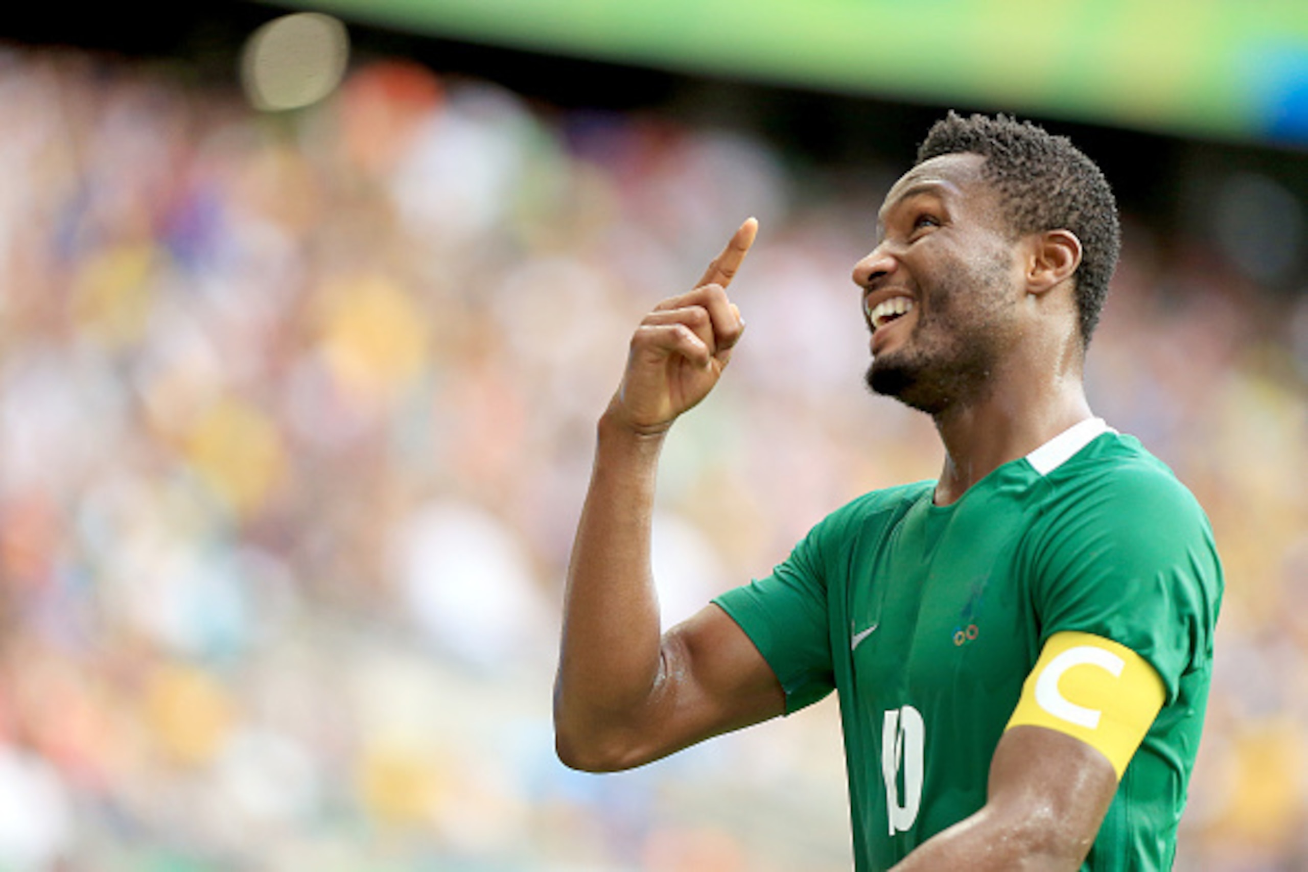 SALVADOR, BRAZIL - AUGUST 13: Mikel #10 of Nigeria celebrates is goal during the Men's Football Quarterfinal match at Arena Fonte Nova Stadium on Day 8 of the Rio 2016 Olympic Games on August 13, 2016 in Salvador, Brazil. (Photo by Felipe Oliveira/Getty I