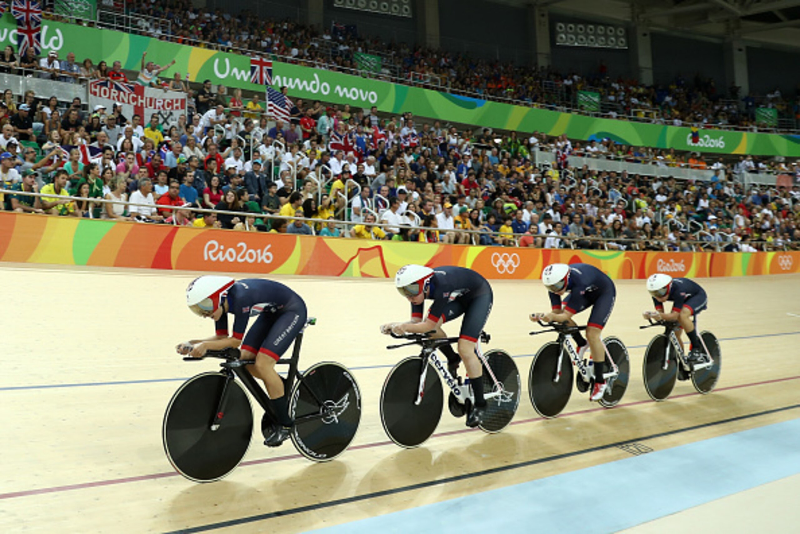 RIO DE JANEIRO, BRAZIL - AUGUST 13:  Katie Archibald, Laura Trott, Elinor Barker, Joanna Rowsell-Shand of Great Britain compete in the Women's Team Pursuit Final for the Gold medal on Day 8 of the Rio 2016 Olympic Games at the Rio Olympic Velodrome on Aug