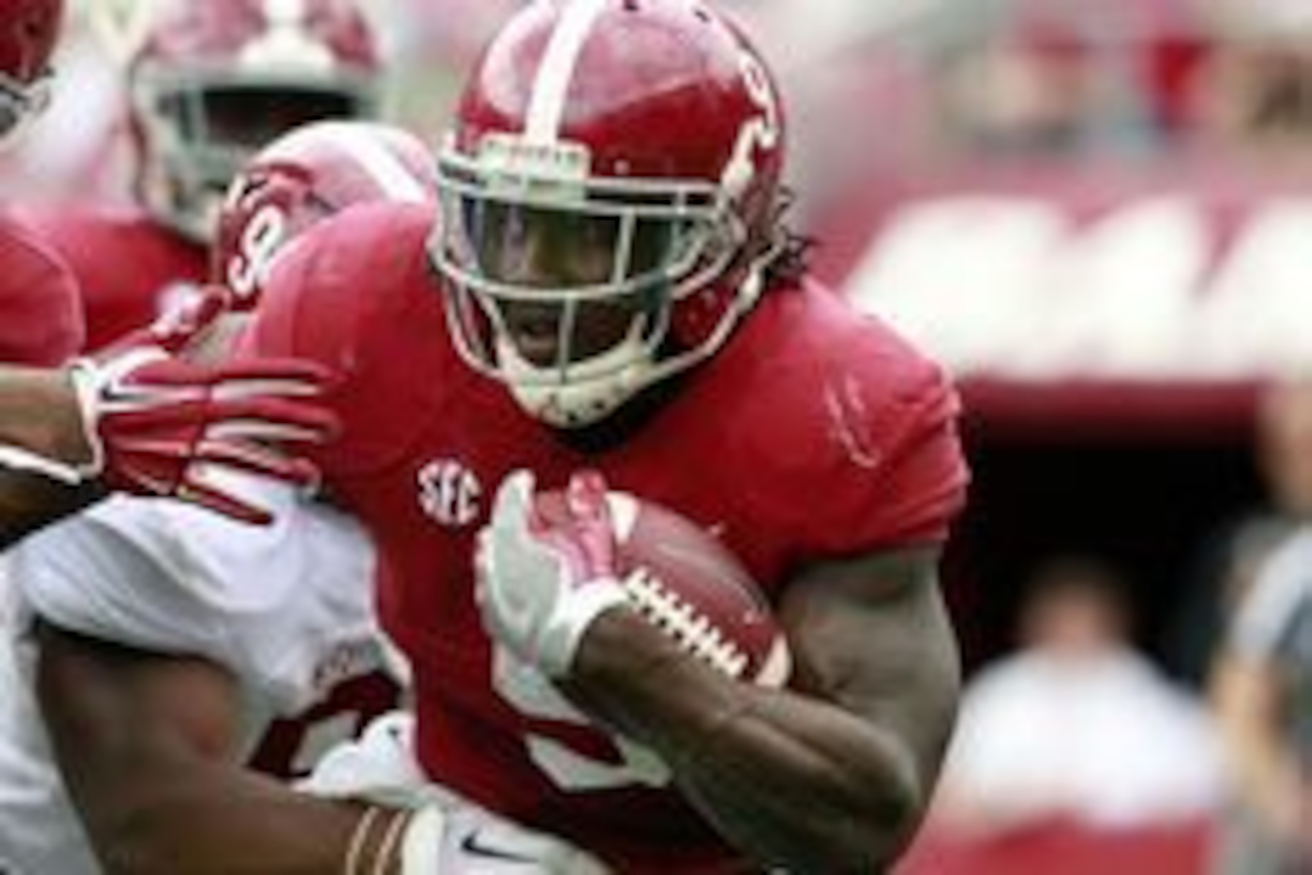 Apr 16, 2016; Tuscaloosa, AL, USA; Alabama Crimson Tide running back Bo Scarbrough (9) carries the ball during the annual A-day game at Bryant-Denny Stadium. Mandatory Credit: Marvin Gentry-USA TODAY Sports