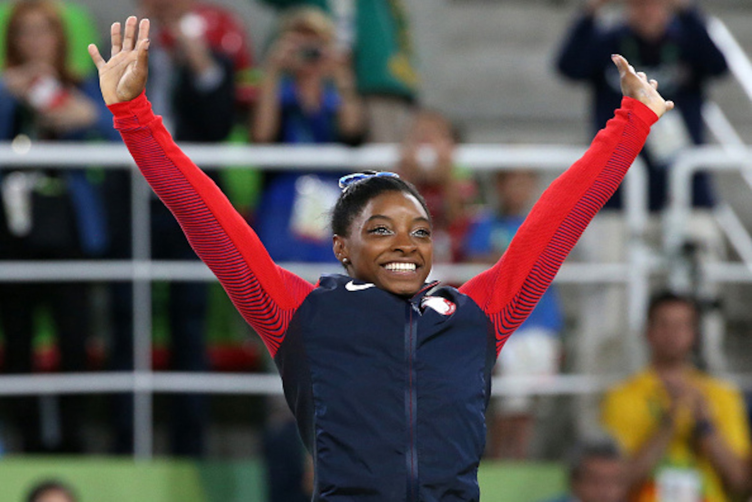RIO DE JANEIRO, BRAZIL - AUGUST 11: Gold medalist Simone Biles of USA poses during the medal ceremony for the Women's Individual All-Around Final on day 6 of the Rio 2016 Olympic Games at Rio Olympic Arena on August 11, 2016 in Rio de Janeiro, Brazil. (Ph