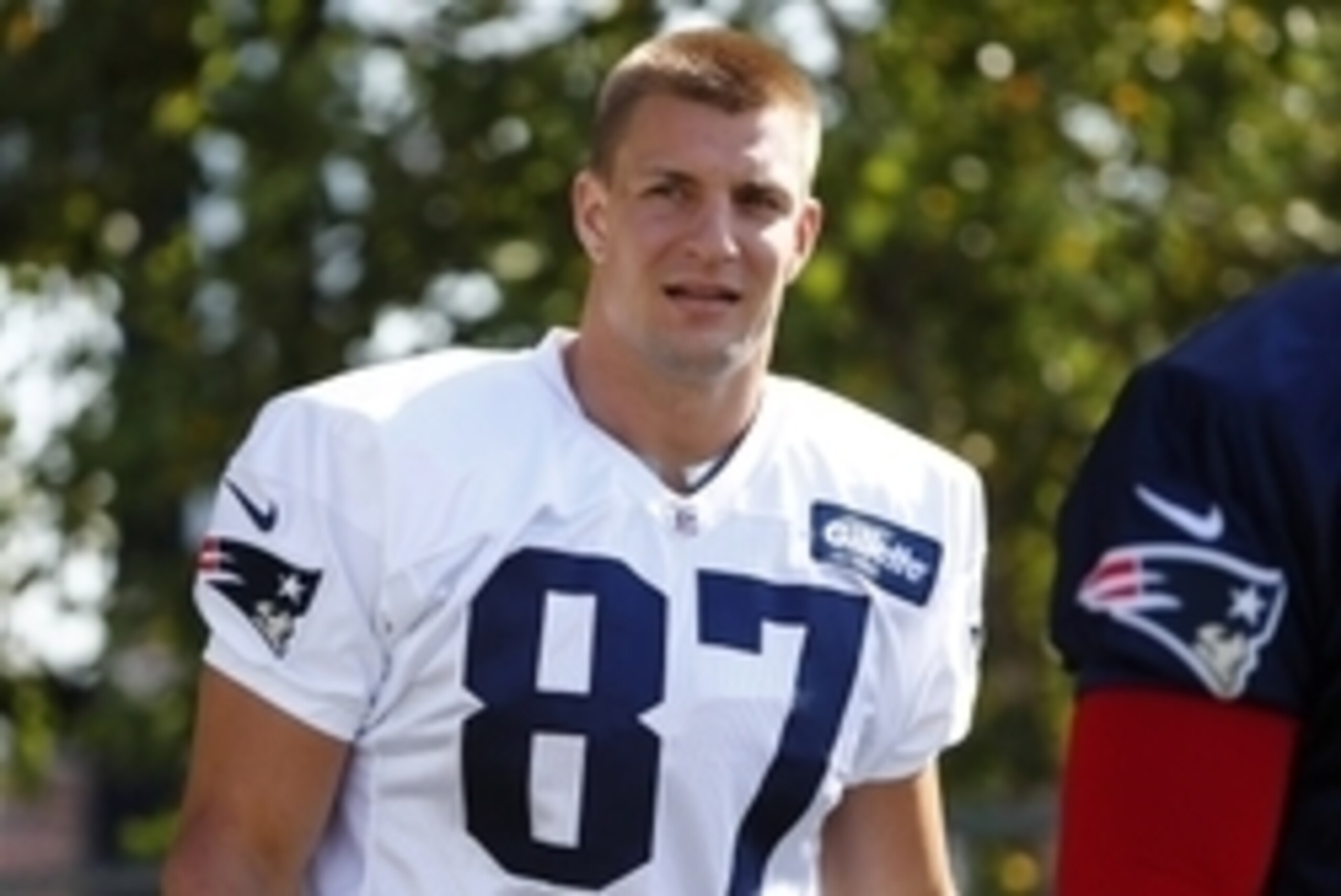 Jul 28, 2016; Foxboro, MA, USA; New England Patriots tight end Rob Gronkowski (87) takes the field for training camp at Gillette Stadium. Mandatory Credit: Winslow Townson-USA TODAY Sports Jul 28, 2016; Foxboro, MA, USA; New England Patriots tight end Rob Gronkowski (87) takes the field for training camp at Gillette Stadium. Mandatory Credit: Winslow Townson-USA TODAY Sports