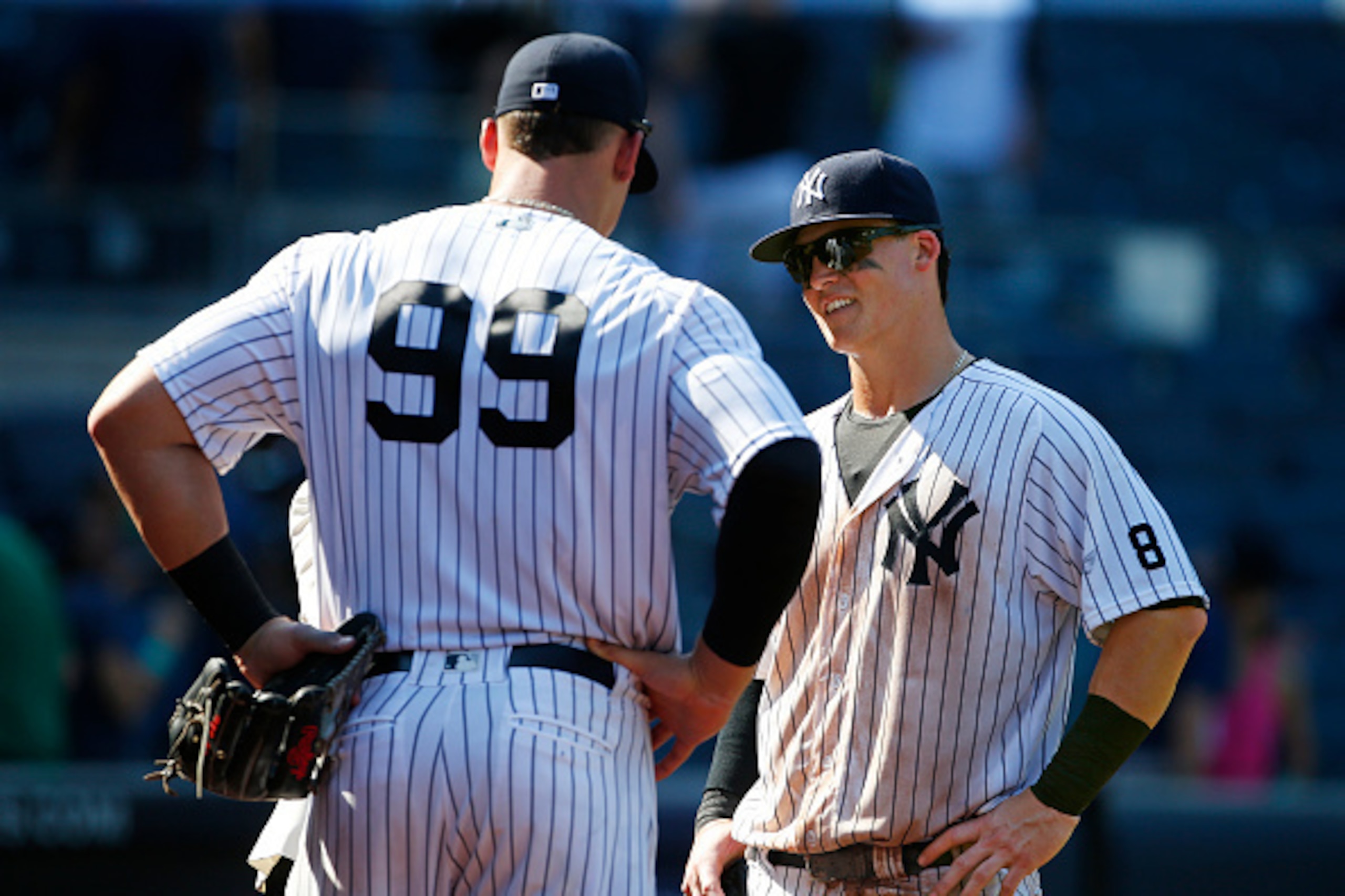 NEW YORK, NY - AUGUST 13: Aaron Judge #99 and Tyler Austin #26 of the New York Yankees are interviewed after a game against the Tampa Bay Rays at Yankee Stadium on August 13, 2016 in the Bronx borough of New York City. (Photo by Rich Schultz/Getty Images) NEW YORK, NY - AUGUST 13: Aaron Judge #99 and Tyler Austin #26 of the New York Yankees are interviewed after a game against the Tampa Bay Rays at Yankee Stadium on August 13, 2016 in the Bronx borough of New York City. (Photo by Rich Schultz/Getty Images)