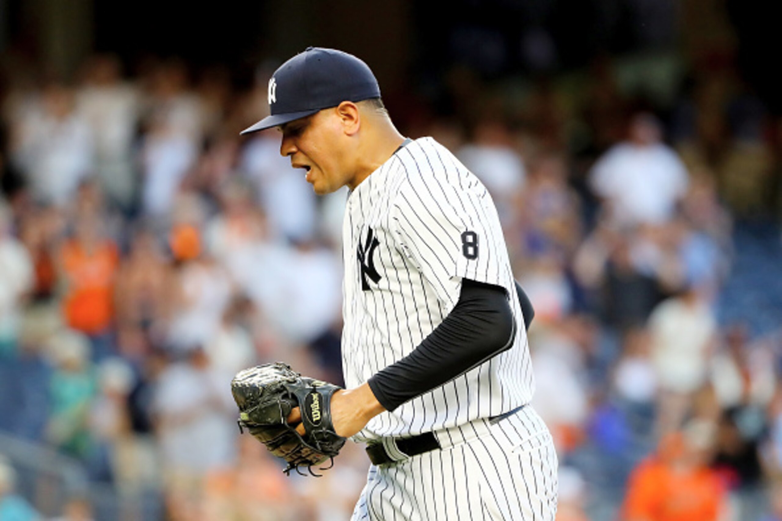 NEW YORK, NY - JULY 23: Dellin Betances #68 of the New York Yankees reacts in the 11th inning against the San Francisco Giants on July 23, 2016 at Yankee Stadium in the Bronx borough of New York City. (Photo by Elsa/Getty Images) NEW YORK, NY - JULY 23: Dellin Betances #68 of the New York Yankees reacts in the 11th inning against the San Francisco Giants on July 23, 2016 at Yankee Stadium in the Bronx borough of New York City. (Photo by Elsa/Getty Images)