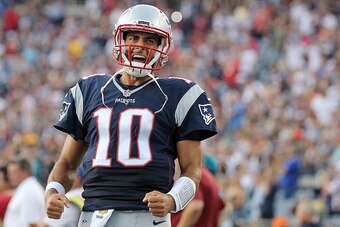 FOXBORO, MA - AUGUST 11: Jimmy Garoppolo #10 of the New England Patriots reacts before a preseason game with the New England Patriots at Gillette Stadium on August 11, 2016 in Foxboro, Massachusetts. (Photo by Jim Rogash/Getty Images)