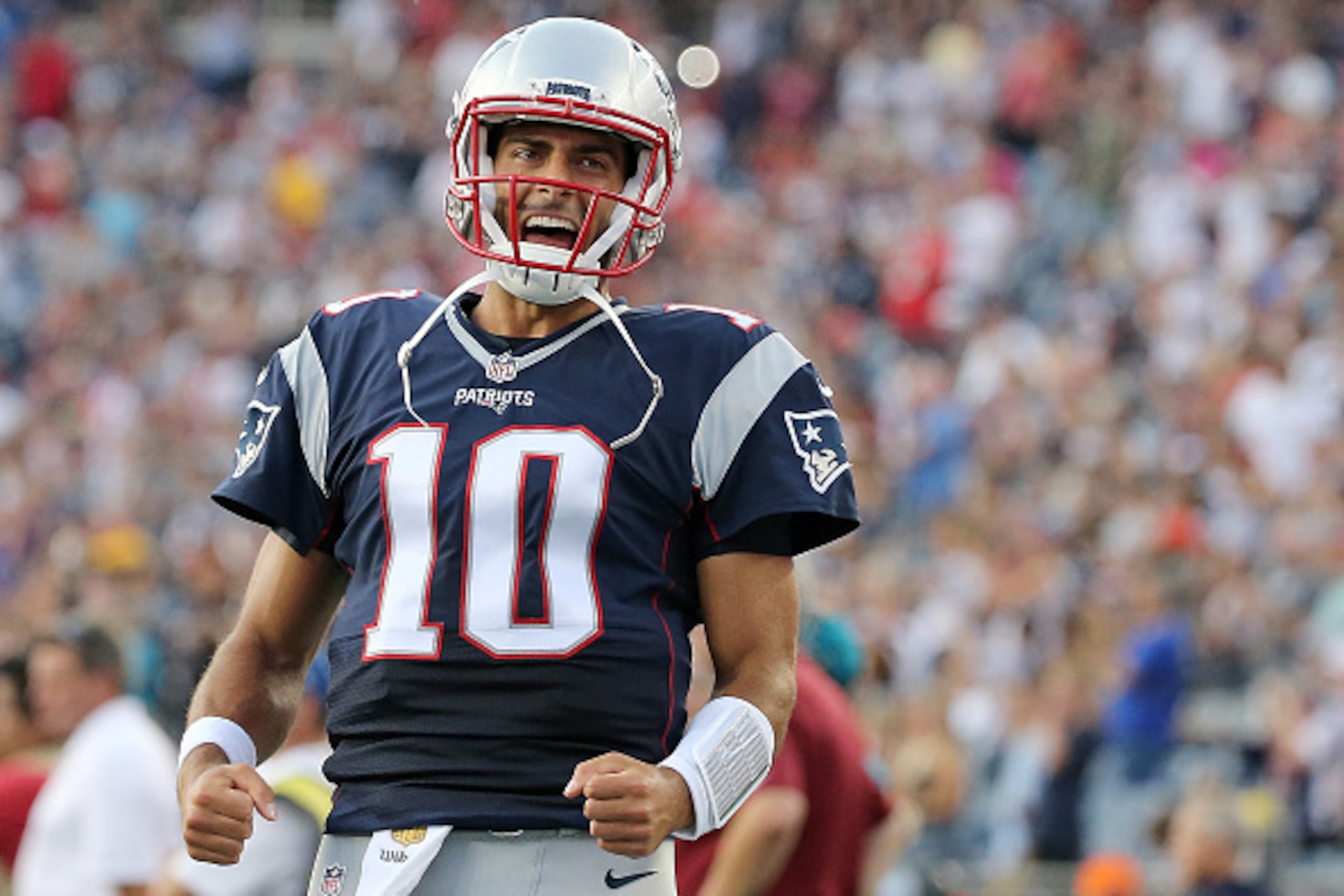 FOXBORO, MA - AUGUST 11: Jimmy Garoppolo #10 of the New England Patriots reacts before a preseason game with the New England Patriots at Gillette Stadium on August 11, 2016 in Foxboro, Massachusetts. (Photo by Jim Rogash/Getty Images)