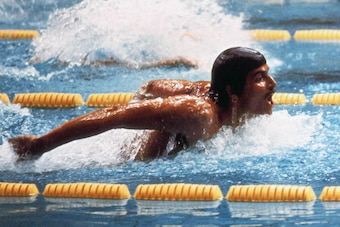 US swimmer champion Mark Spitz in action during the Olympic 200m Butterfly event 28 August 1972 in Munich. Mark Spitz captured seven swimming gold medals (100m, 200m, 4x100m, 4x200m, 100m and 200m Butterfly and 4x100m medley) at the 1972 Olympic Games in 
