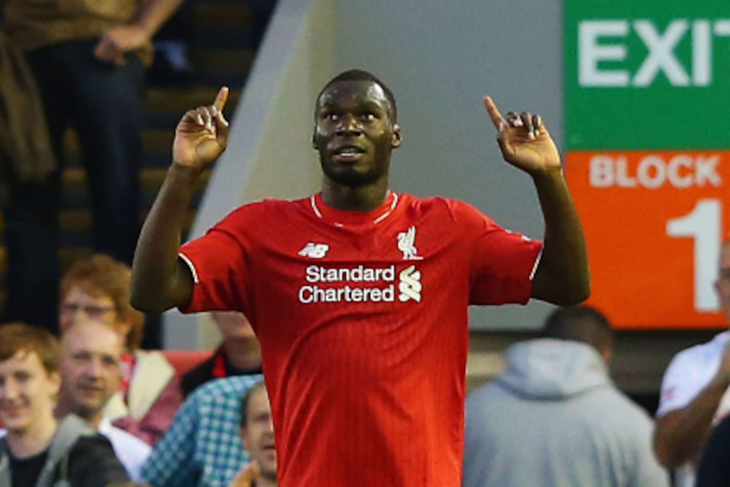 LIVERPOOL, ENGLAND - AUGUST 17:  Christian Benteke of Liverpool (9) celebrates as he scores their first goal during the Barclays Premier League match between Liverpool and A.F.C. Bournemouth at Anfield on August 17, 2015 in Liverpool, United Kingdom.  (Ph