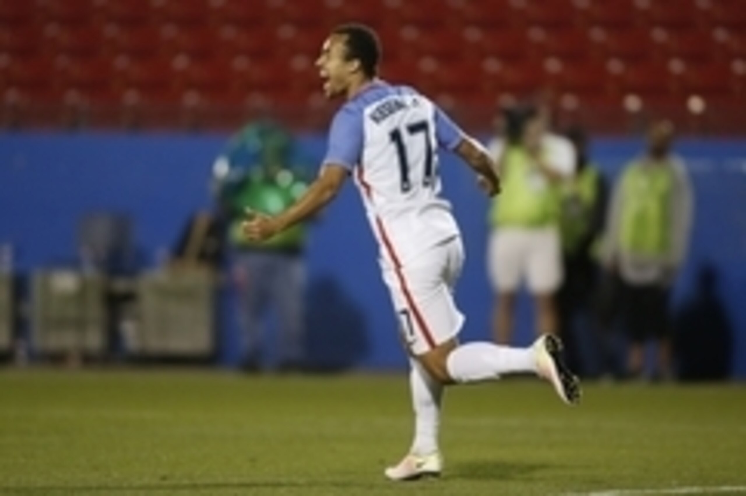 Mar 29, 2016; Frisco, TX, USA; USA Jerome Kiesewetter (17) celebrates a goal in the second half against the Columbia during the 2016 Olympic qualifying game at Toyota Stadium. Columbia won 2-1. Mandatory Credit: Tim Heitman-USA TODAY Sports