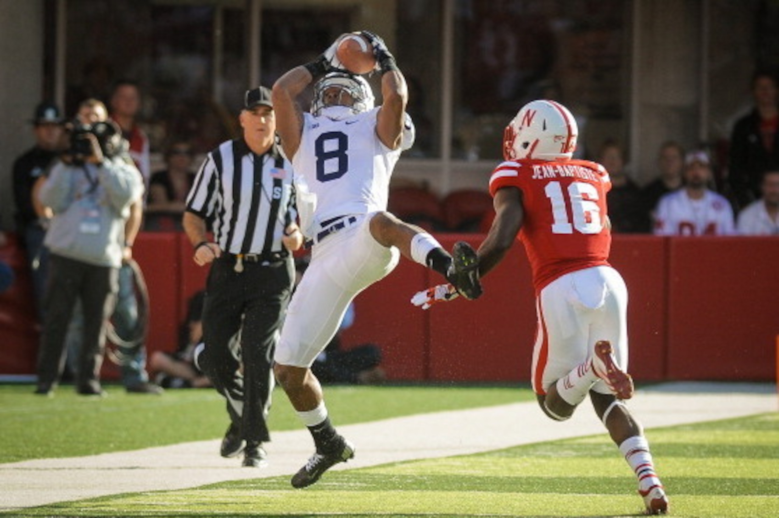 LINCON, NE - NOVEMBER 10: Wide receiver Allen Robinson #8 of the Penn State Nittany Lions catches a long 3rd down reception over cornerback Stanley Jean-Baptiste #16 of the Nebraska Cornhuskers during their game at Memorial Stadium on November 10, 2012 in