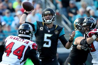 JACKSONVILLE, FL - DECEMBER 20:  Blake Bortles #5 of the Jacksonville Jaguars attempts a pass during the game against the Atlanta Falcons at EverBank Field on December 20, 2015 in Jacksonville, Florida.  (Photo by Sam Greenwood/Getty Images)