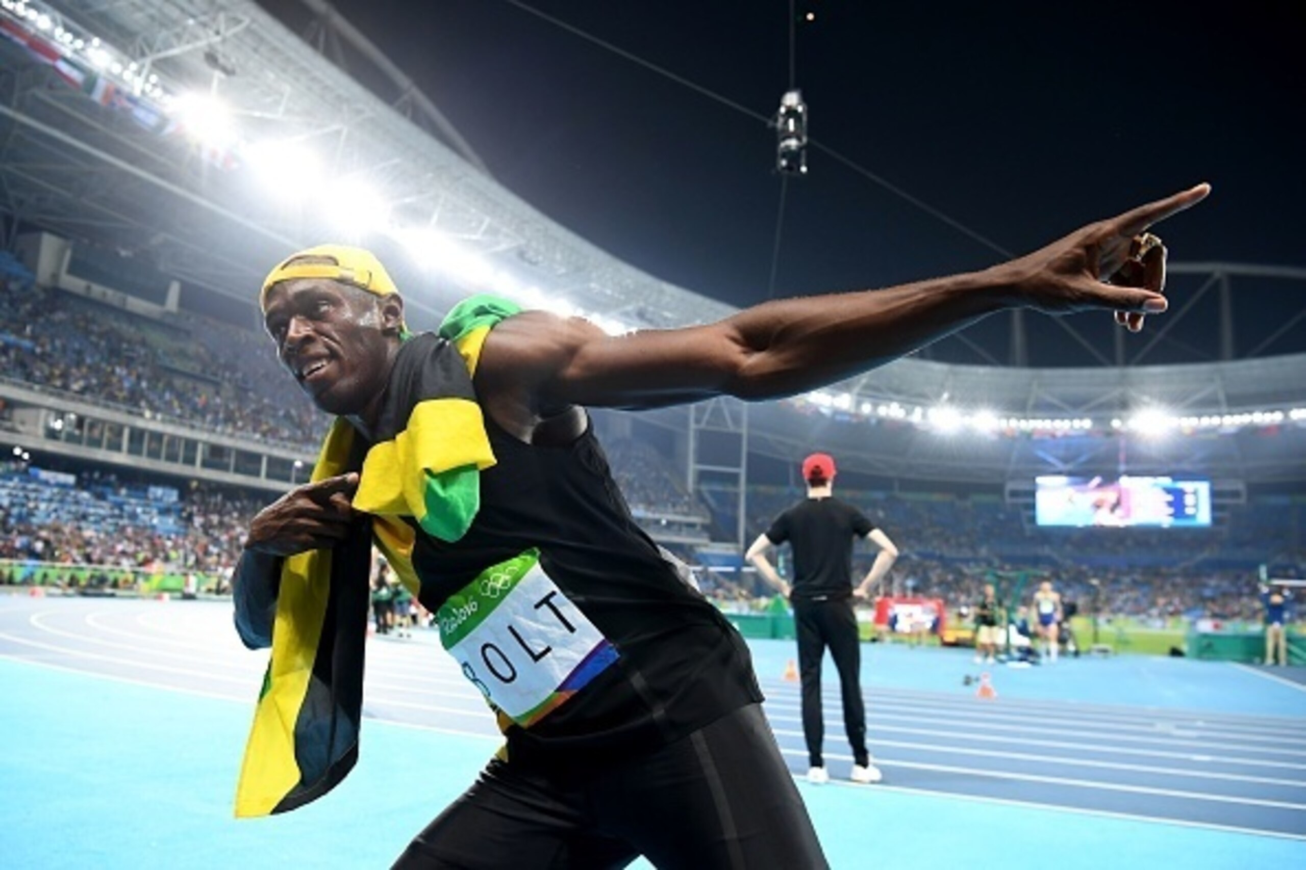 Jamaica's Usain Bolt celebrates after he won the Men's 100m Final during the athletics event at the Rio 2016 Olympic Games at the Olympic Stadium in Rio de Janeiro on August 14, 2016.   / AFP / FRANCK FIFE        (Photo credit should read FRANCK FIFE/AFP/
