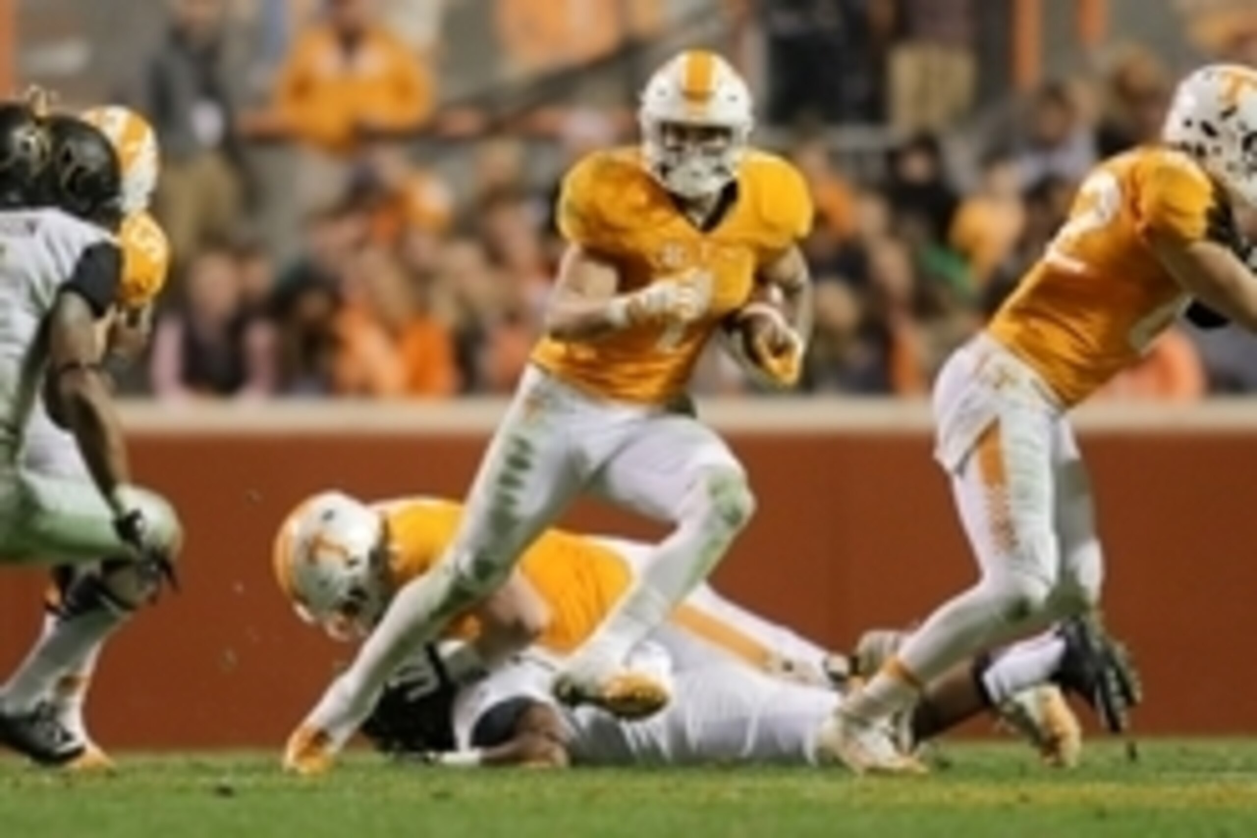 Nov 28, 2015; Knoxville, TN, USA; Tennessee Volunteers running back Jalen Hurd (1) runs the ball against the Vanderbilt Commodores during the second half at Neyland Stadium. Tennessee won 53-28. Mandatory Credit: Randy Sartin-USA TODAY Sports