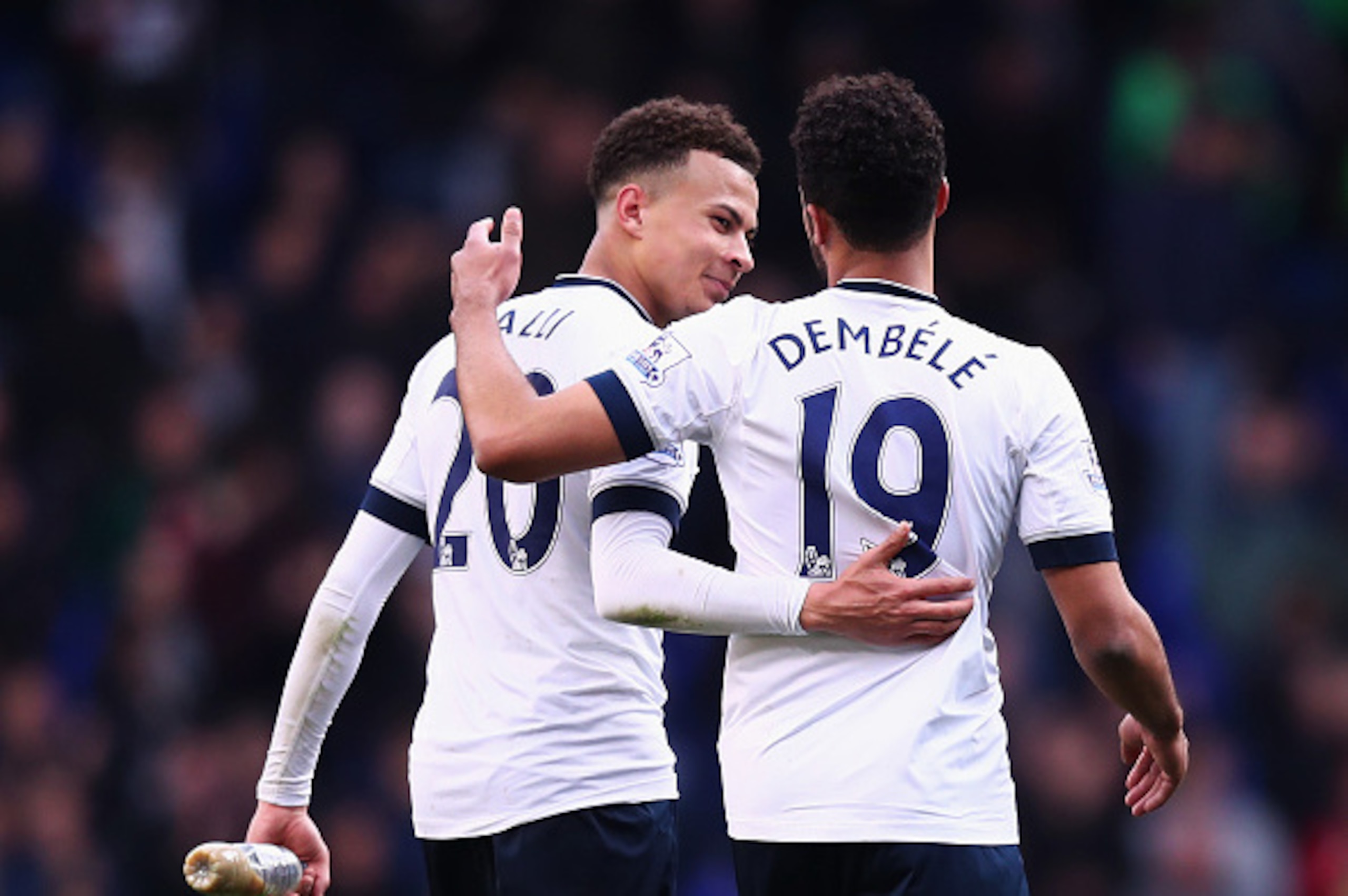 LONDON, UNITED KINGDOM - APRIL 10:  Dele Alli and Mousa Dembele of Tottenham Hotspur celebrate victory after during the Barclays Premier League match between Tottenham Hotspur and Manchester United at White Hart Lane on April 10, 2016 in London, England. 