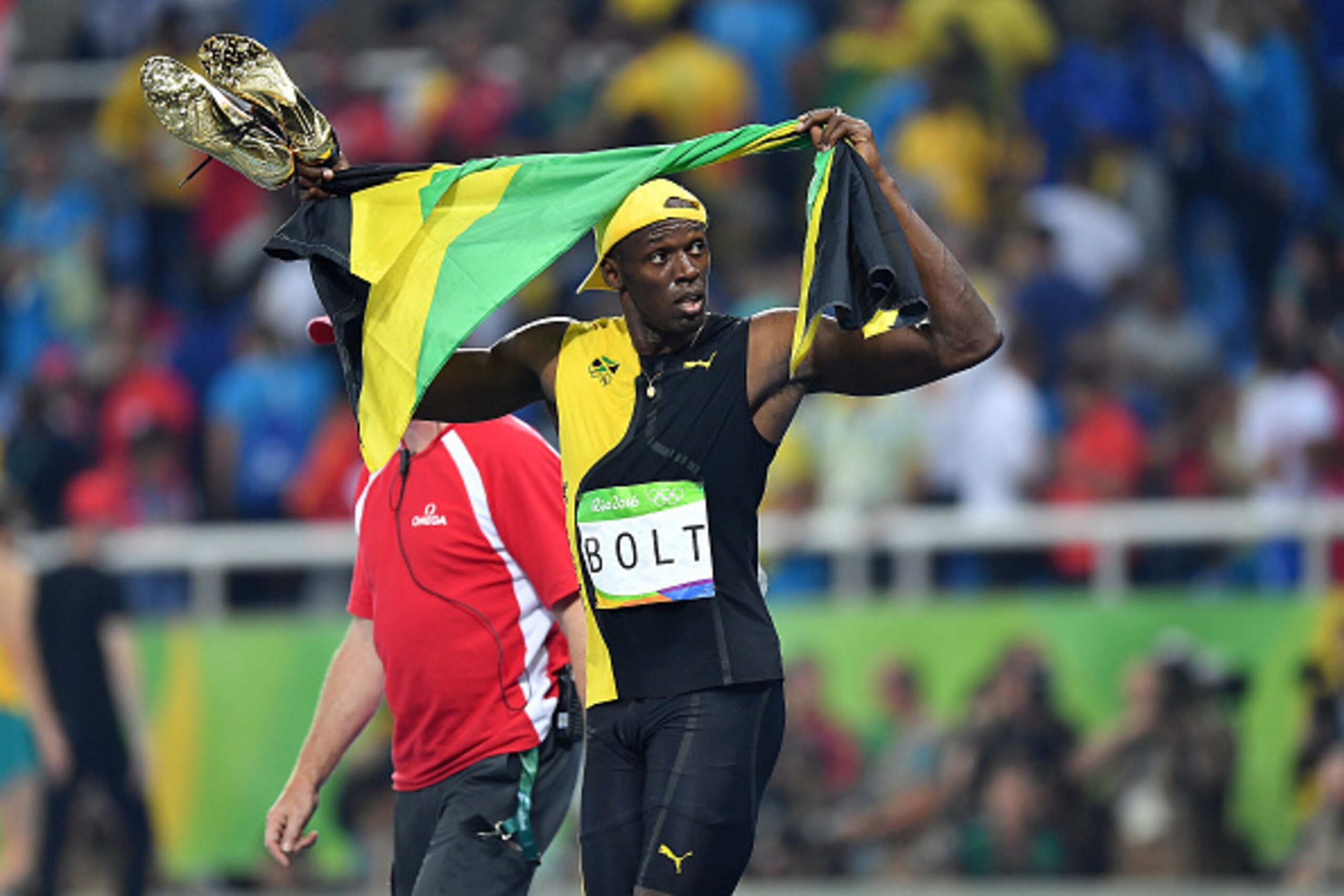 RIO DE JANEIRO, BRAZIL - AUGUST 14:  Usain Bolt of Jamaica is seen after winning the Men's 100 meter final over Justin Gatlin of the United States and Andre De Grasse of Canada on Day 9 of the Rio 2016 Olympic Games at the Olympic Stadium on August 14, 20