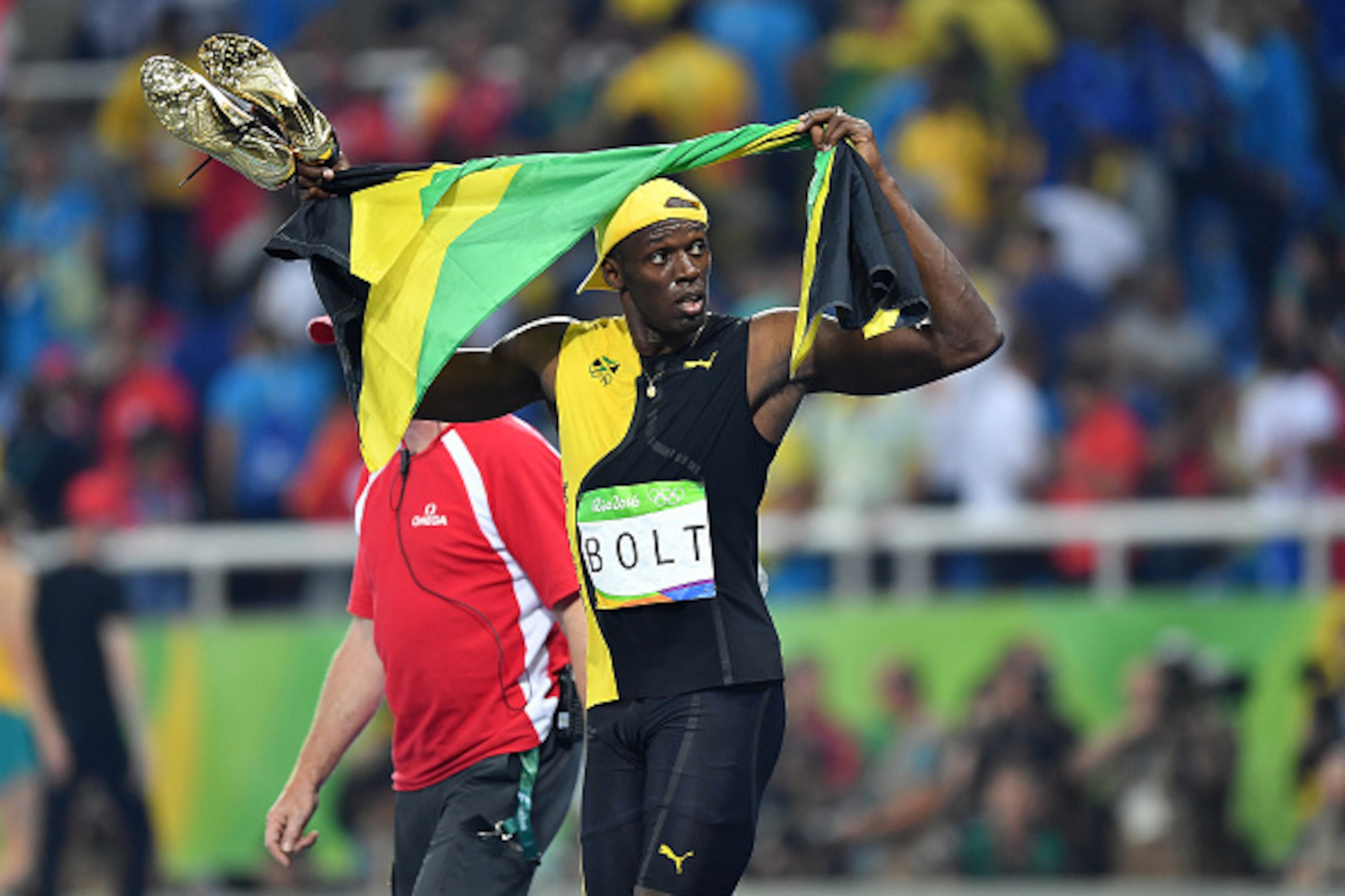 RIO DE JANEIRO, BRAZIL - AUGUST 14:  Usain Bolt of Jamaica is seen after winning the Men's 100 meter final over Justin Gatlin of the United States and Andre De Grasse of Canada on Day 9 of the Rio 2016 Olympic Games at the Olympic Stadium on August 14, 20