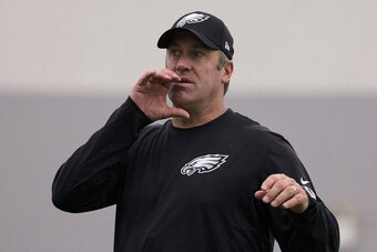 PHILADELPHIA, PA - MAY 13: Head coach Doug Pederson of the Philadelphia Eagles yells out to his team during rookie camp at the NovaCare Complex on May 13, 2016 in Philadelphia, Pennsylvania. (Photo by Mitchell Leff/Getty Images)
