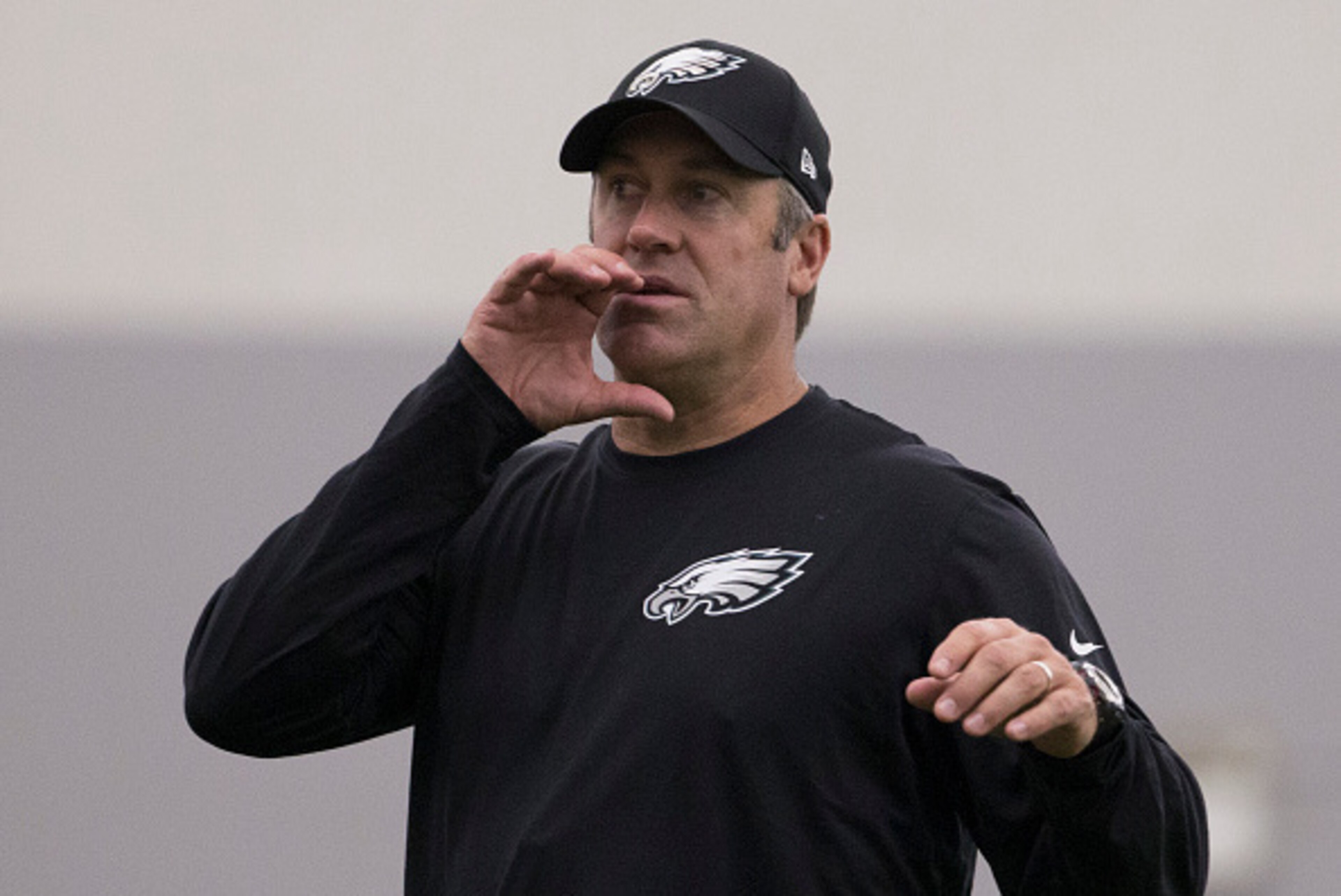 PHILADELPHIA, PA - MAY 13: Head coach Doug Pederson of the Philadelphia Eagles yells out to his team during rookie camp at the NovaCare Complex on May 13, 2016 in Philadelphia, Pennsylvania. (Photo by Mitchell Leff/Getty Images)
